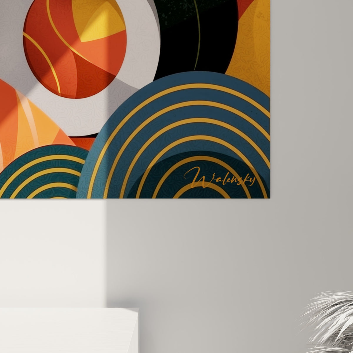 Détail des spirales orange et rouge du tableau sushi révélant les nuances de la surface imprimée