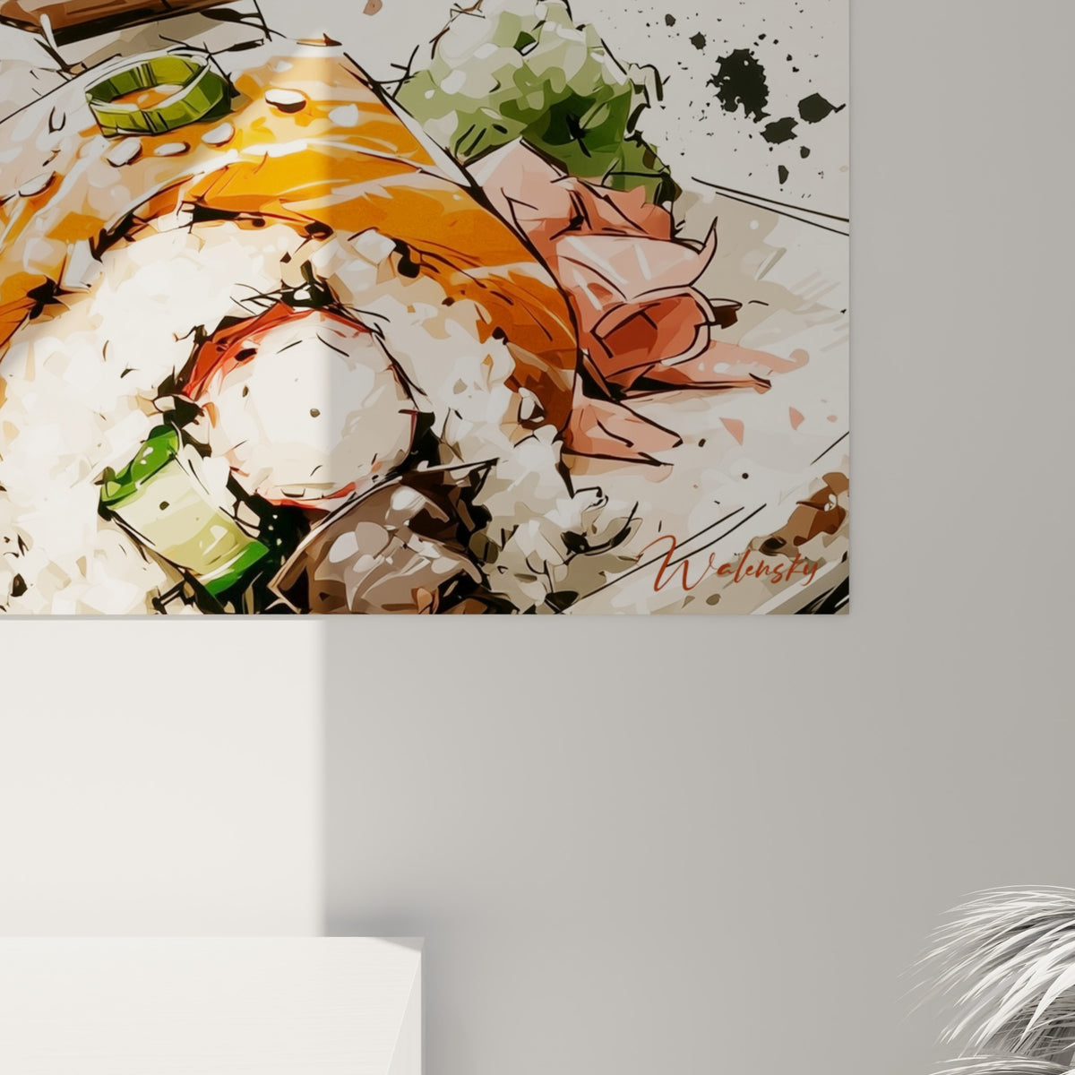 Grain aquarelle et éclaboussures orangées visibles en détail sur la toile sushi accrochée