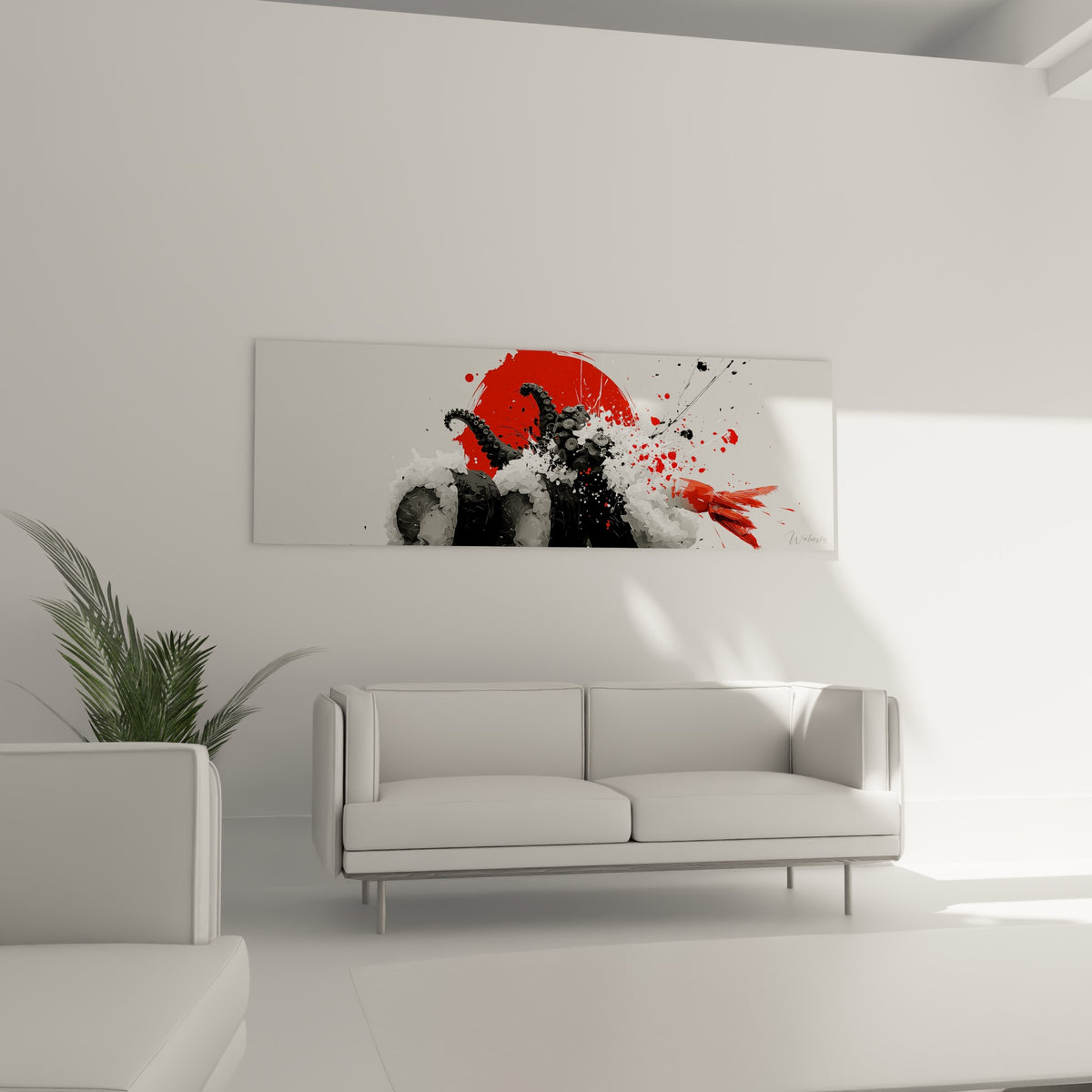 Tentacules noires et soleil rouge vif du tableau sushi graphique, suspendu au-dessus d'un canapé dans un salon lumineux