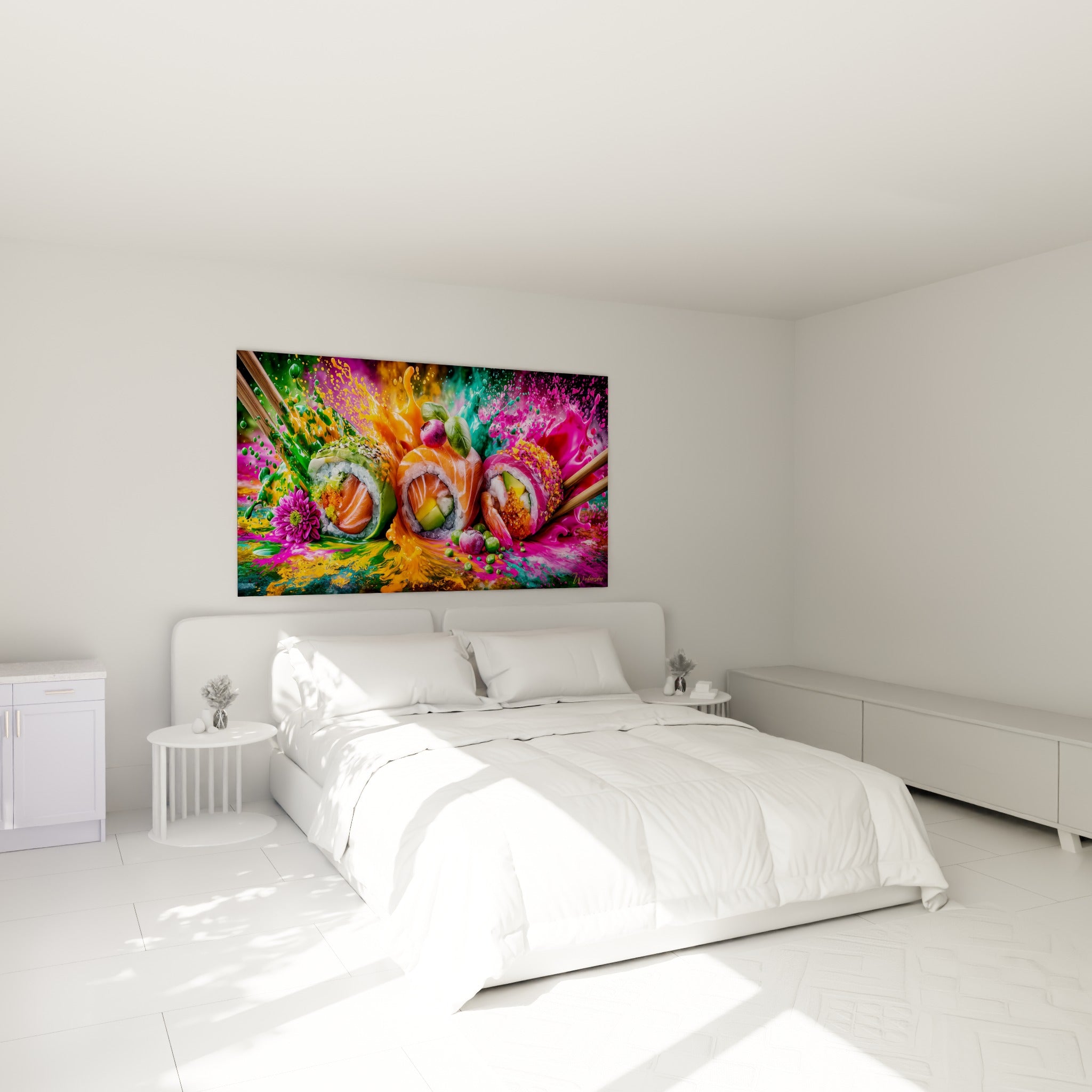 Makis colorés jaillissant en éclaboussures turquoise et magenta, accrochés au-dessus d'un lit dans une chambre claire