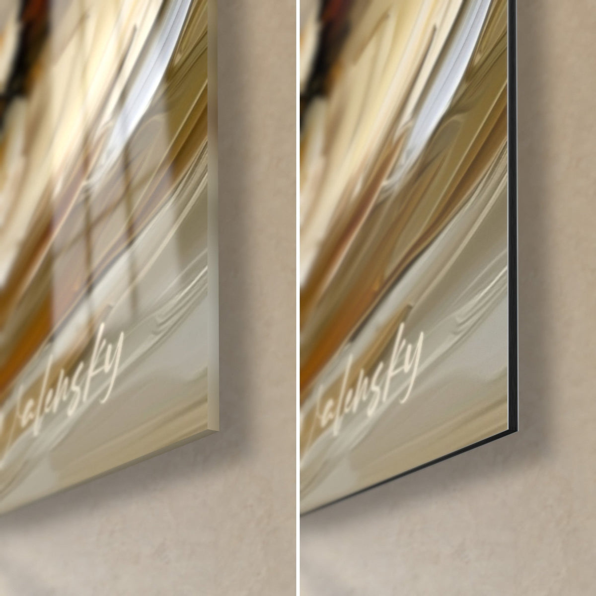 Tableau sushi roll à la spatule, coin bas droit : verre brillant avec reflets, alu Dibond noir mat, tranche de 3 mm