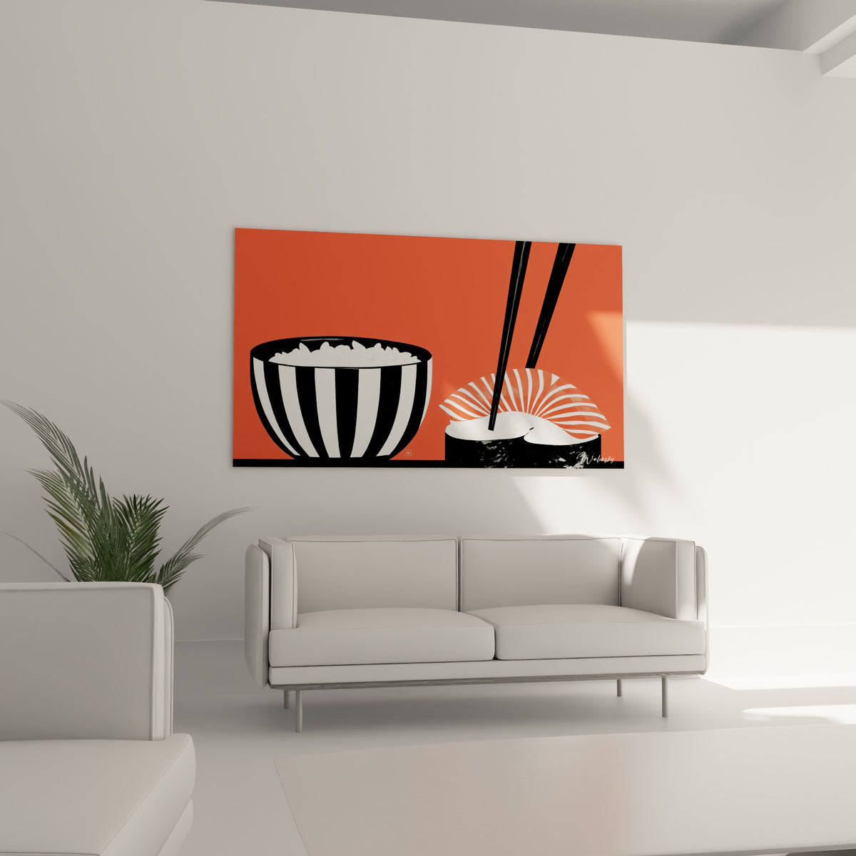 Scène de sushi graphique noir, blanc et corail au-dessus d'un canapé dans un salon lumineux