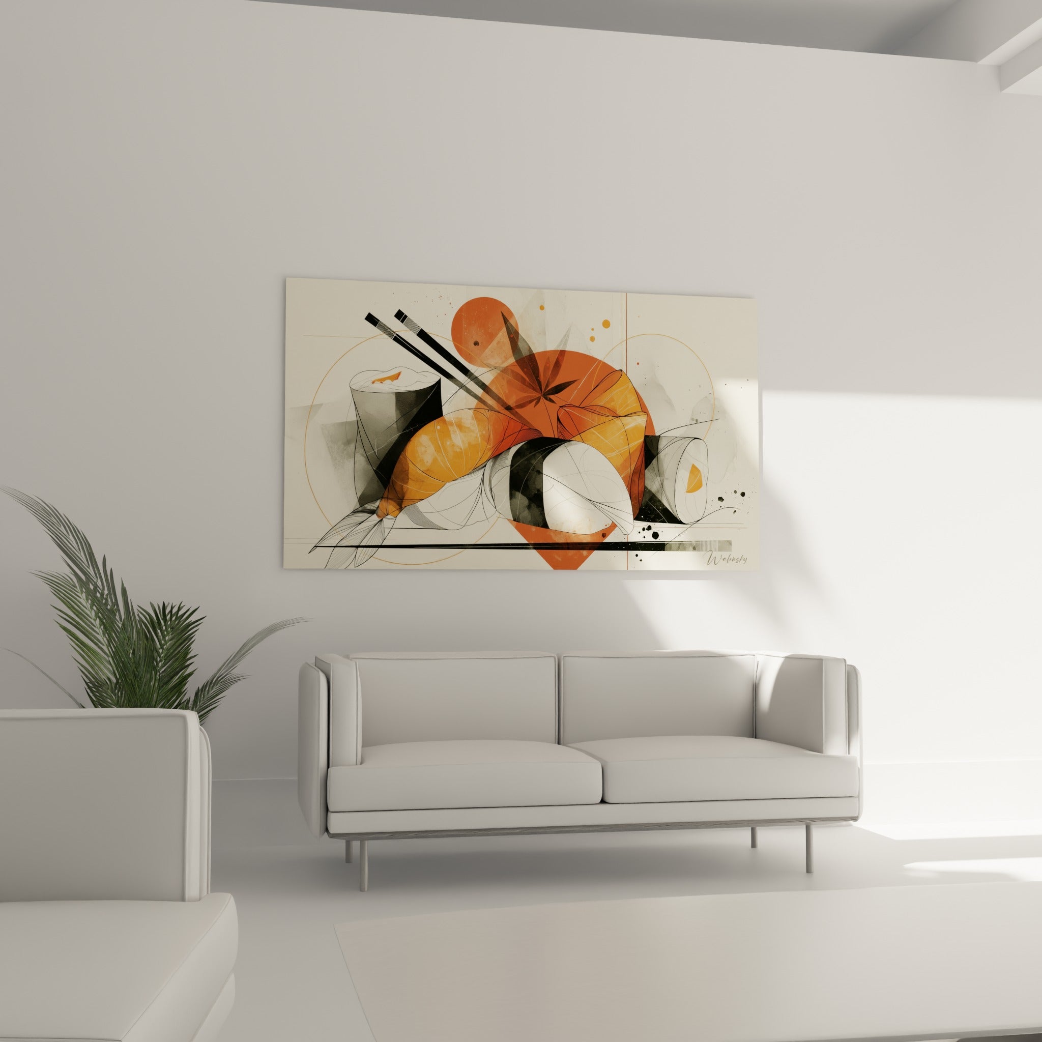 Composition sushi graphique orange et noir suspendue au-dessus d'un canapé dans un salon lumineux