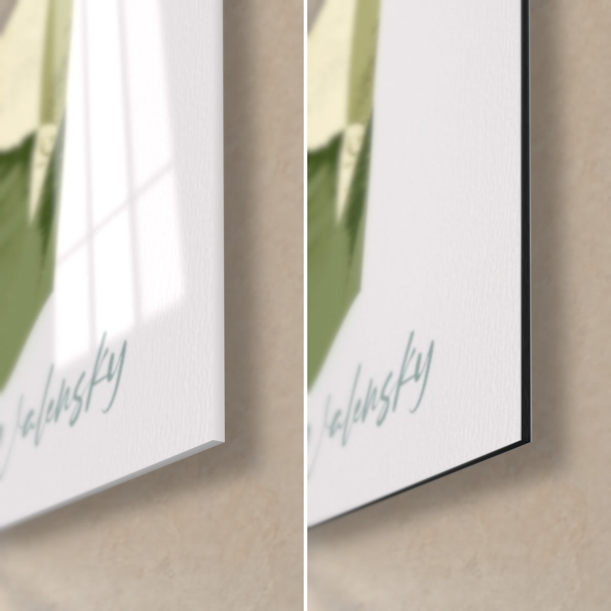 Tableau sushis stylisés, coin bas droit : verre acrylique brillant à gauche, alu Dibond mat noir à droite, signature Walensky