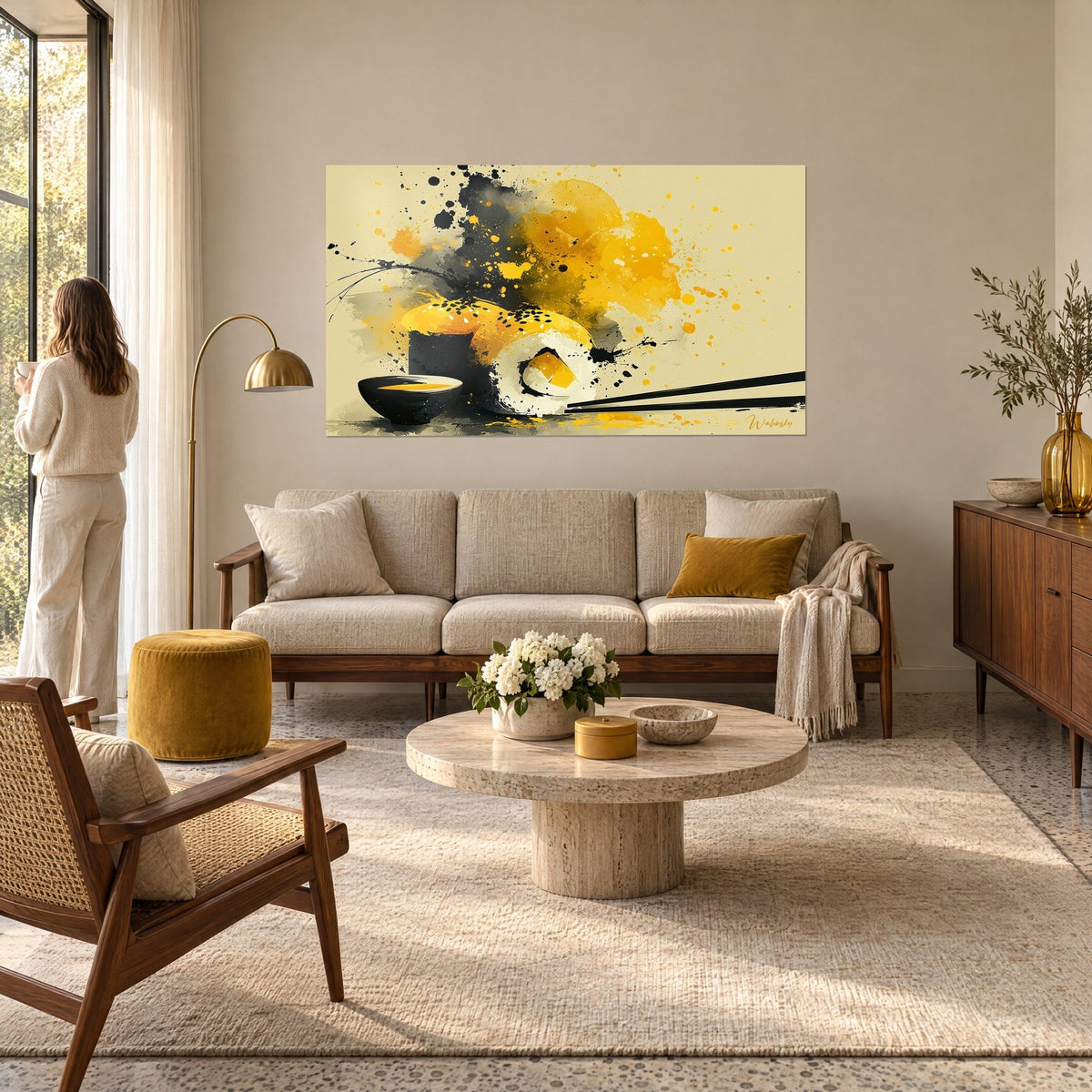 Tableau sushi roll en jaune moutarde et noir d'encre, bol de sauce doré et baguettes, femme de dos, au-dessus d'un canapé dans un salon lumineux
