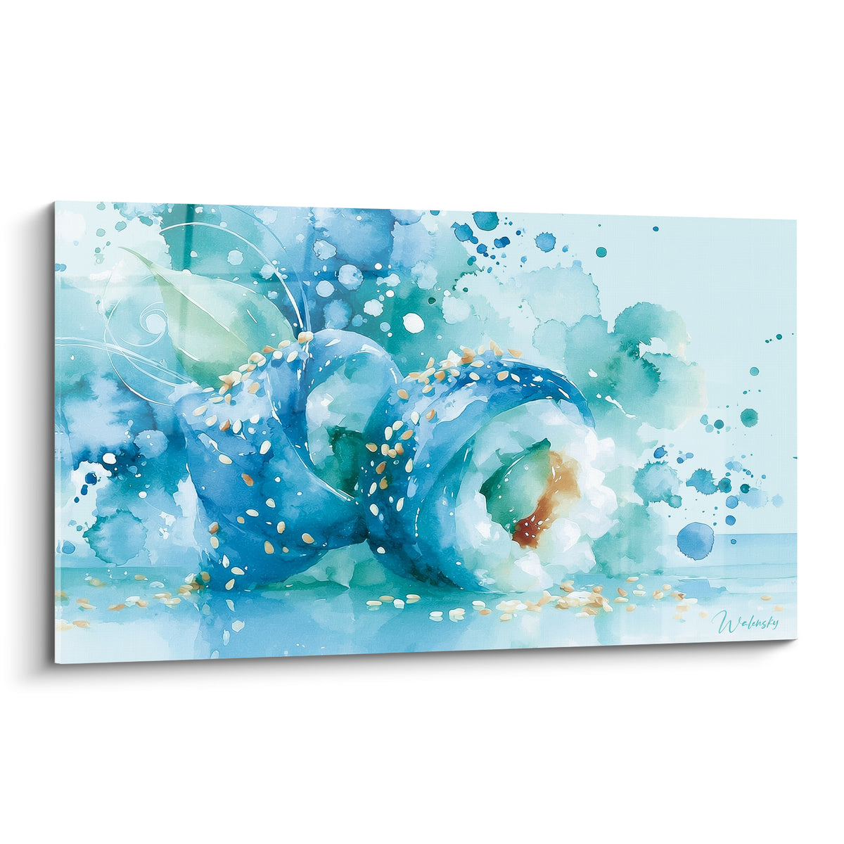 Maki bleu turquoise et vert sauge orné de graines de sésame dorées, aquarelle fluide sur fond clair