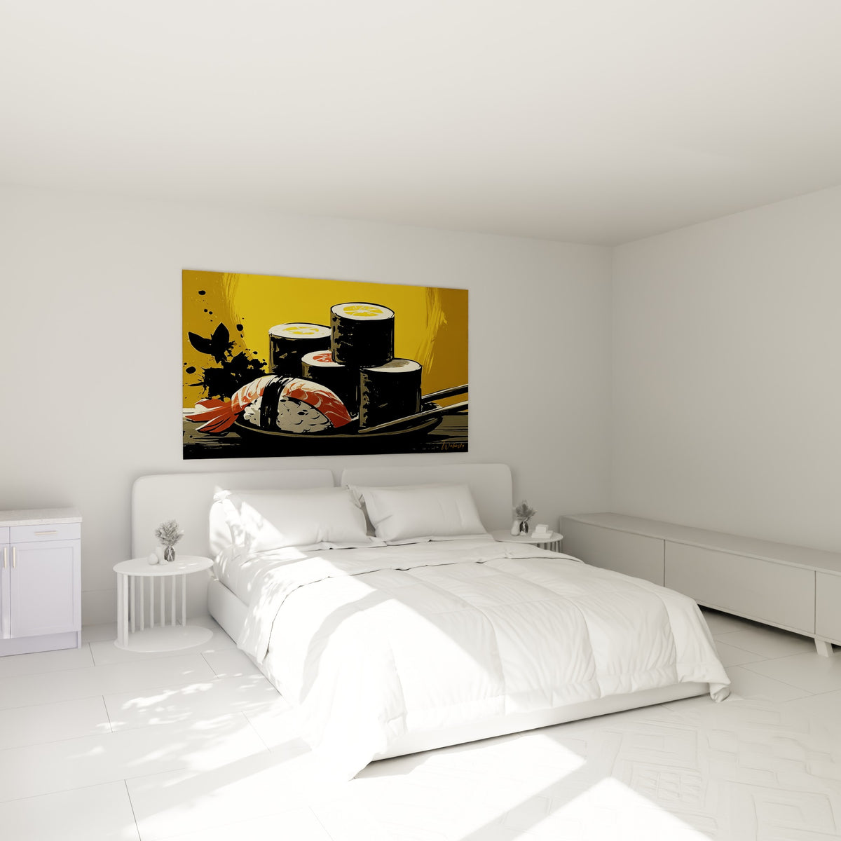 Makis noirs et riz blanc sur fond jaune moutarde, accrochés au-dessus d'un lit dans une chambre claire