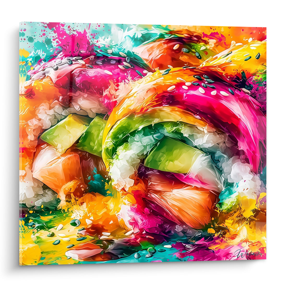 Maki sushi rose fuchsia et vert avocat en composition picturale vibrante et éclaboussée
