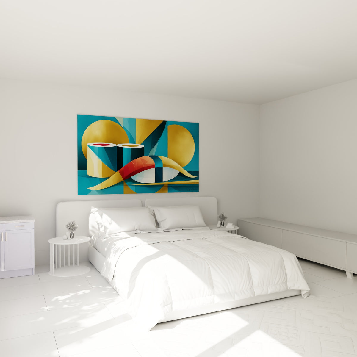 Makis bleu profond et cercles dorés stylisés, accrochés au-dessus d'un lit dans une chambre claire