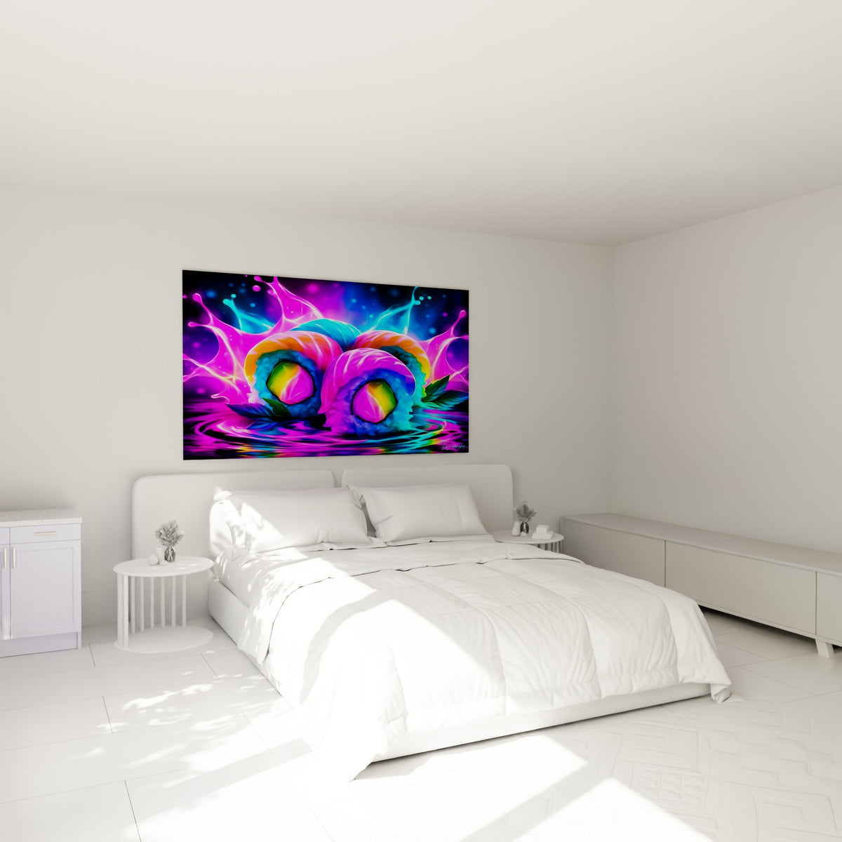 Sushi coloré aux teintes rose magenta et turquoise accroché au-dessus d'un lit dans une chambre claire