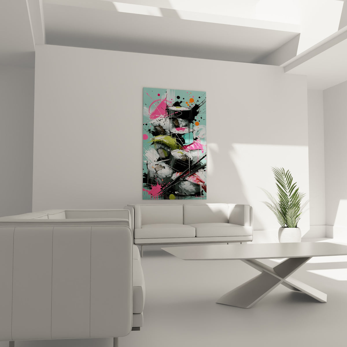 Makis abstraits verts et roses sur fond turquoise, suspendus au-dessus d'un canapé dans un salon lumineux