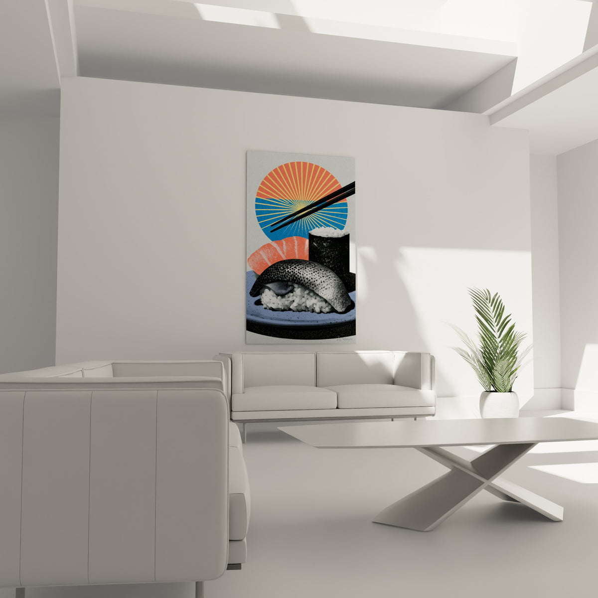 Composition de sushi bleu marine et corail avec baguettes noires, accrochée au-dessus d'un canapé dans un salon lumineux