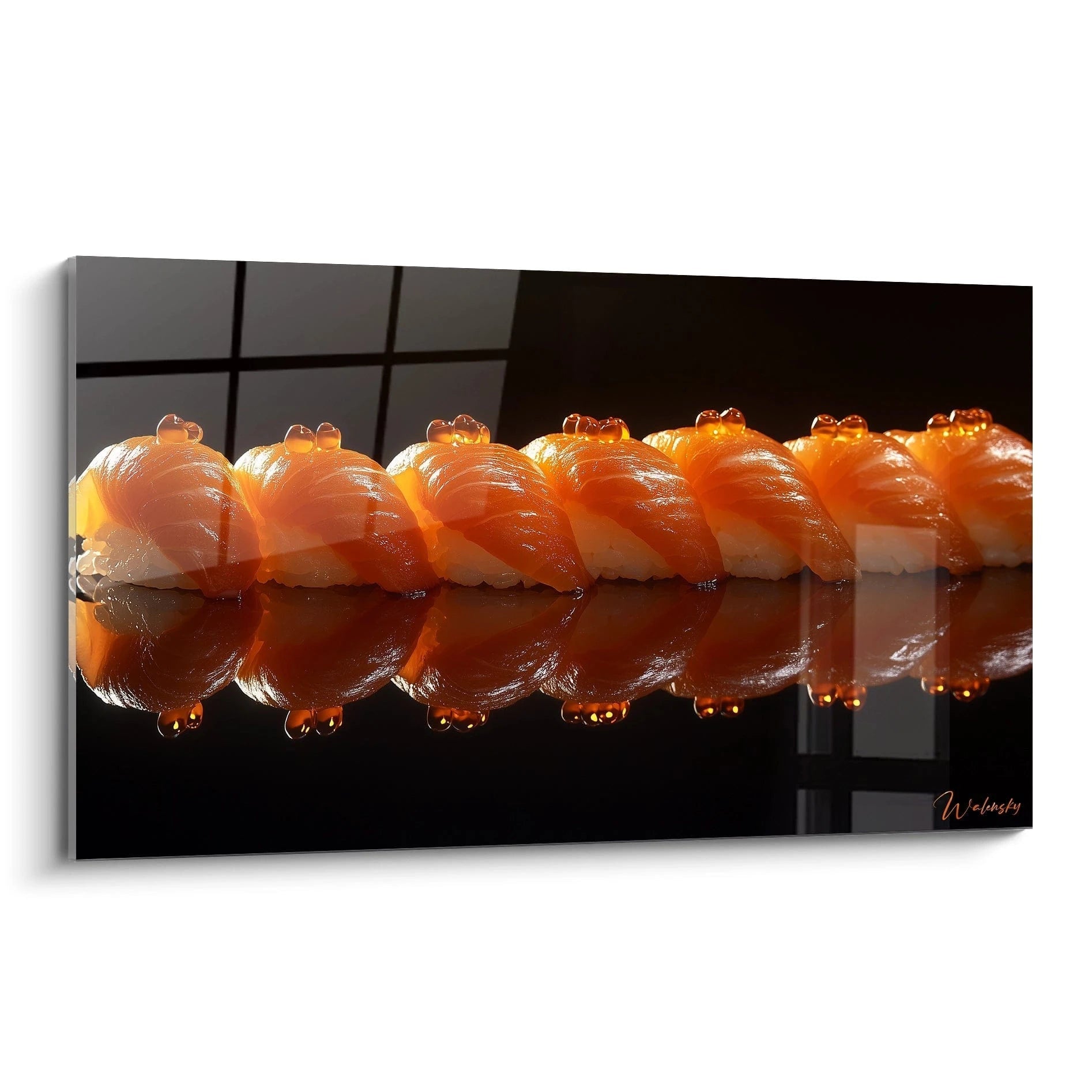 Un tableau sushi représentant une série de sushis au saumon alignés, avec des teintes orange, blanc et noir. La surface lisse et brillante reflète les formes, créant un effet symétrique.
