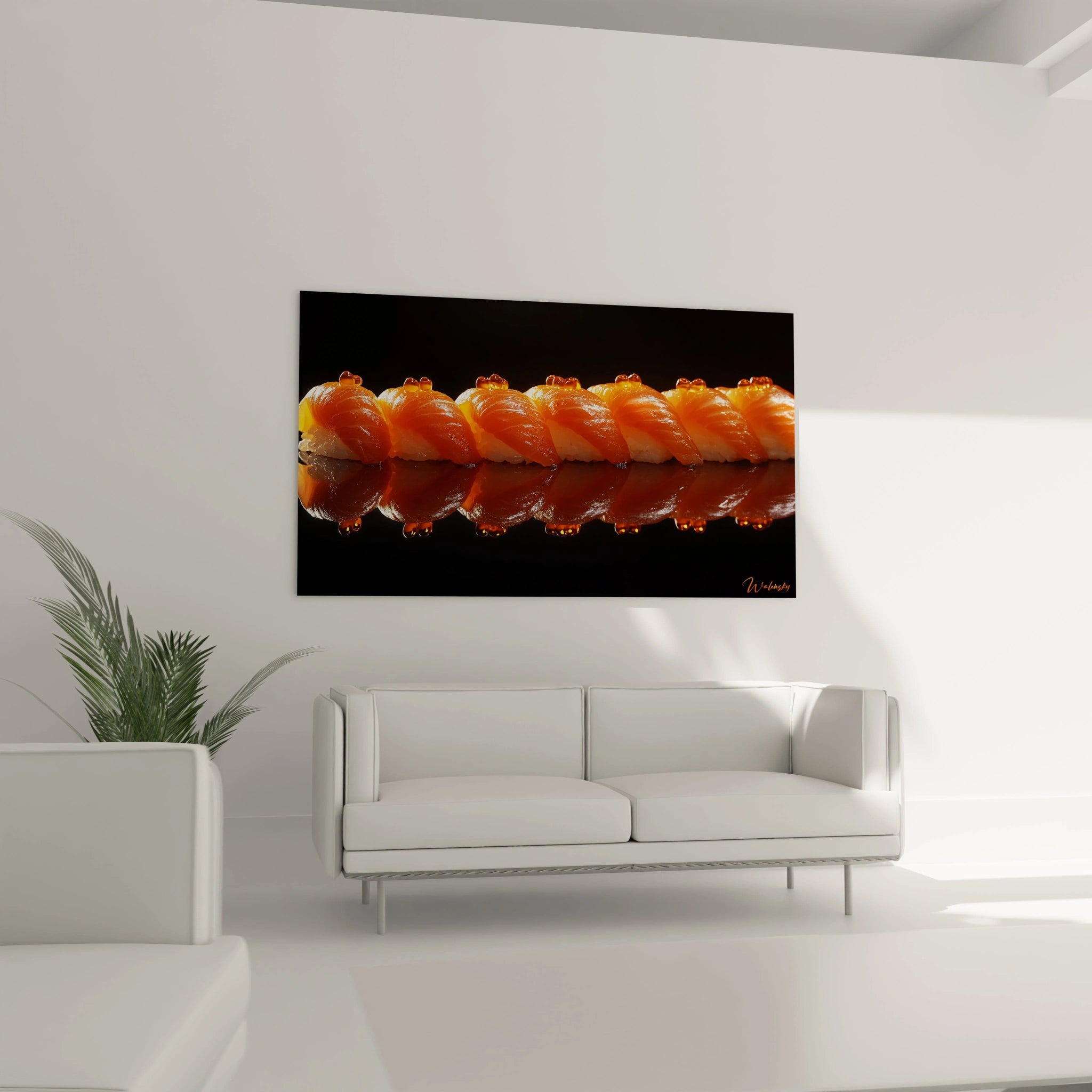 Un tableau sushi illustrant des sushis au saumon avec des perles translucides sur le dessus. Les couleurs principales sont l’orange, le blanc et le noir, et l’éclairage met en valeur la texture brillante.