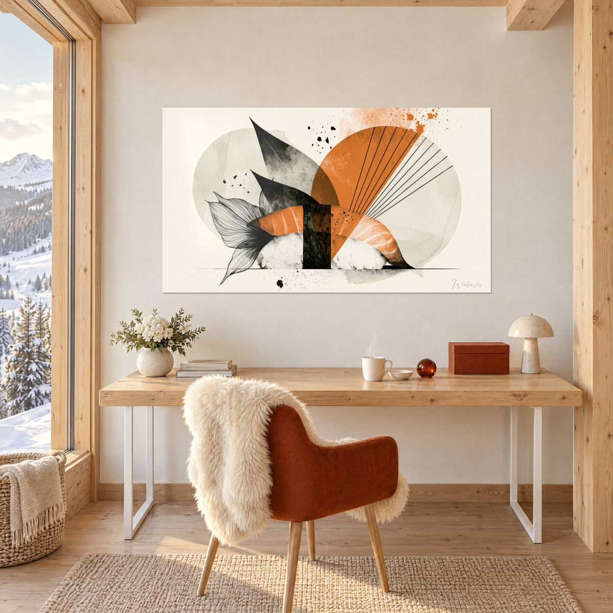 Tableau tranche de saumon orange sur riz blanc, voile d'algue noire, aplats beiges, bureau en bois clair et fauteuil rouille du chalet