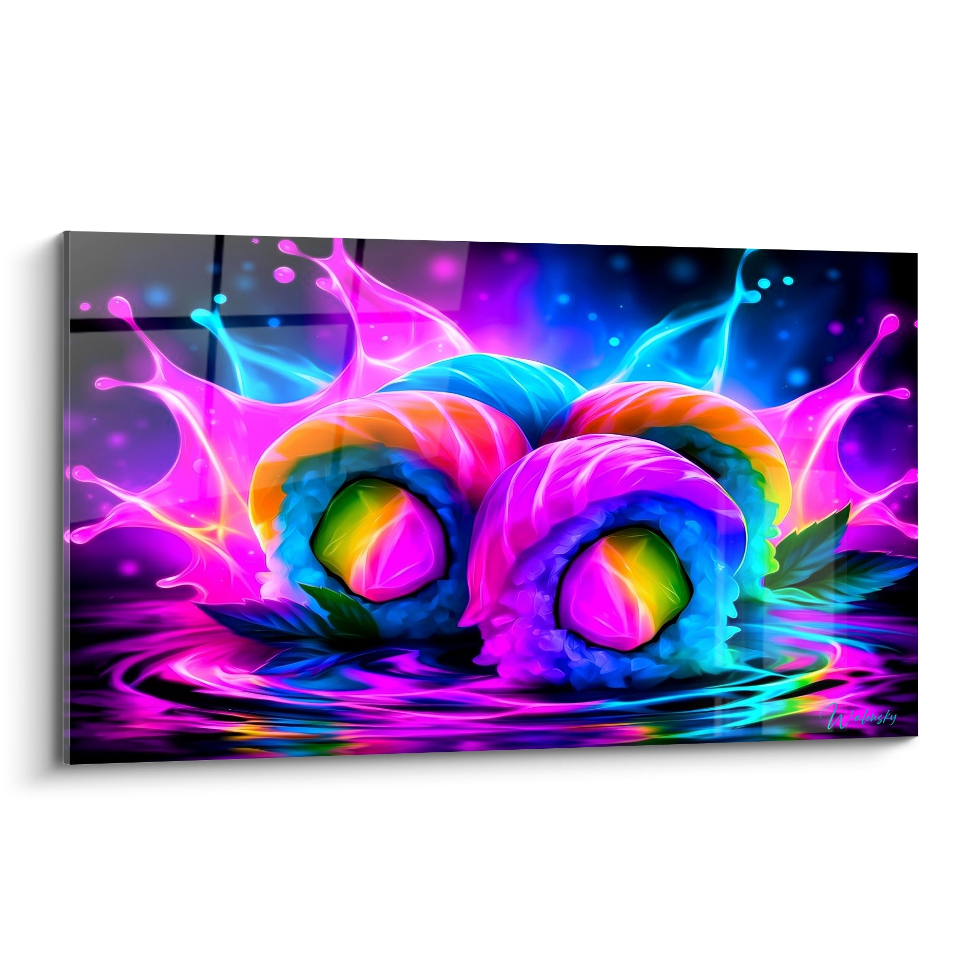 Makis roses et bleus fluorescents entourés d'une éclaboussure violette lumineuse sur fond nocturne étoilé