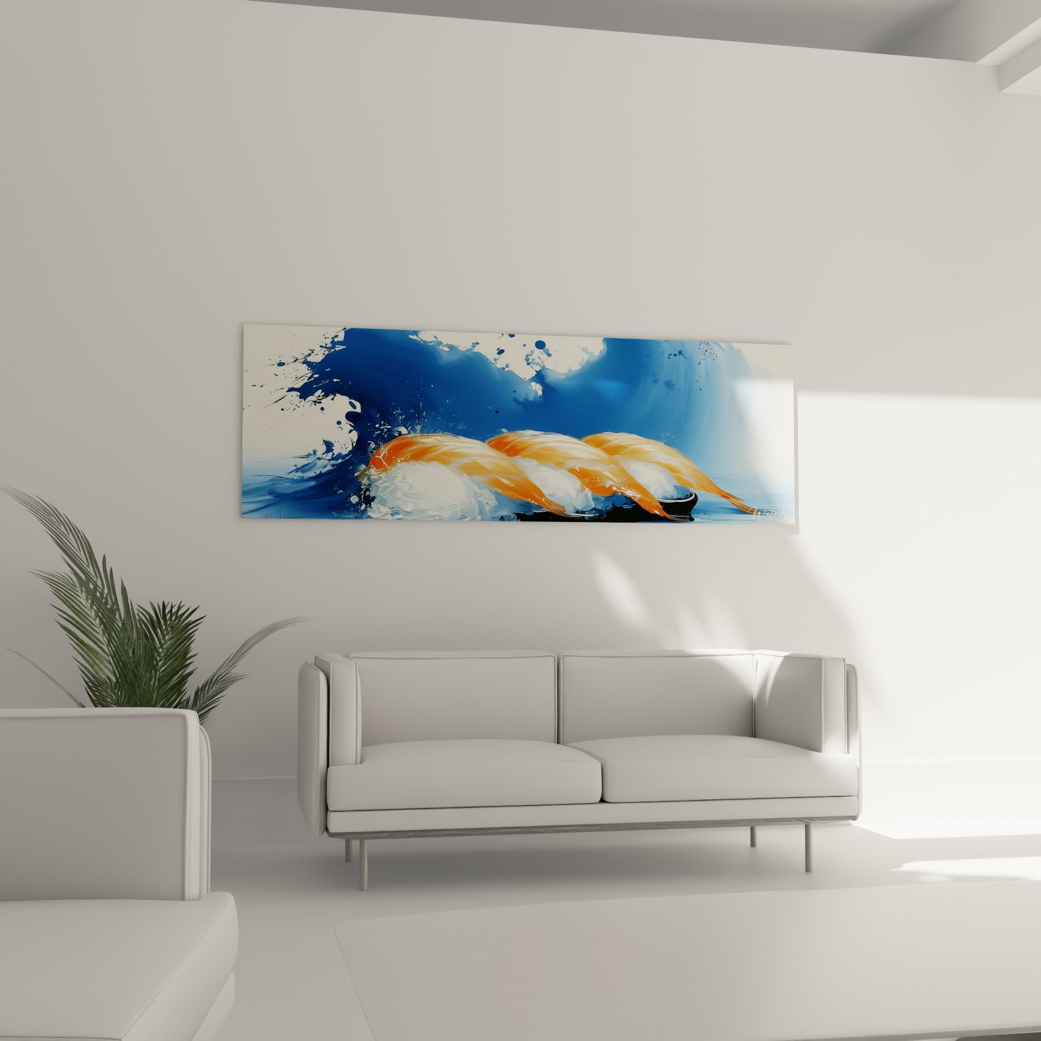 Bouchées de saumon orangé jaillissant d'une vague bleu marine, accrochées au-dessus d'un canapé dans un salon lumineux.