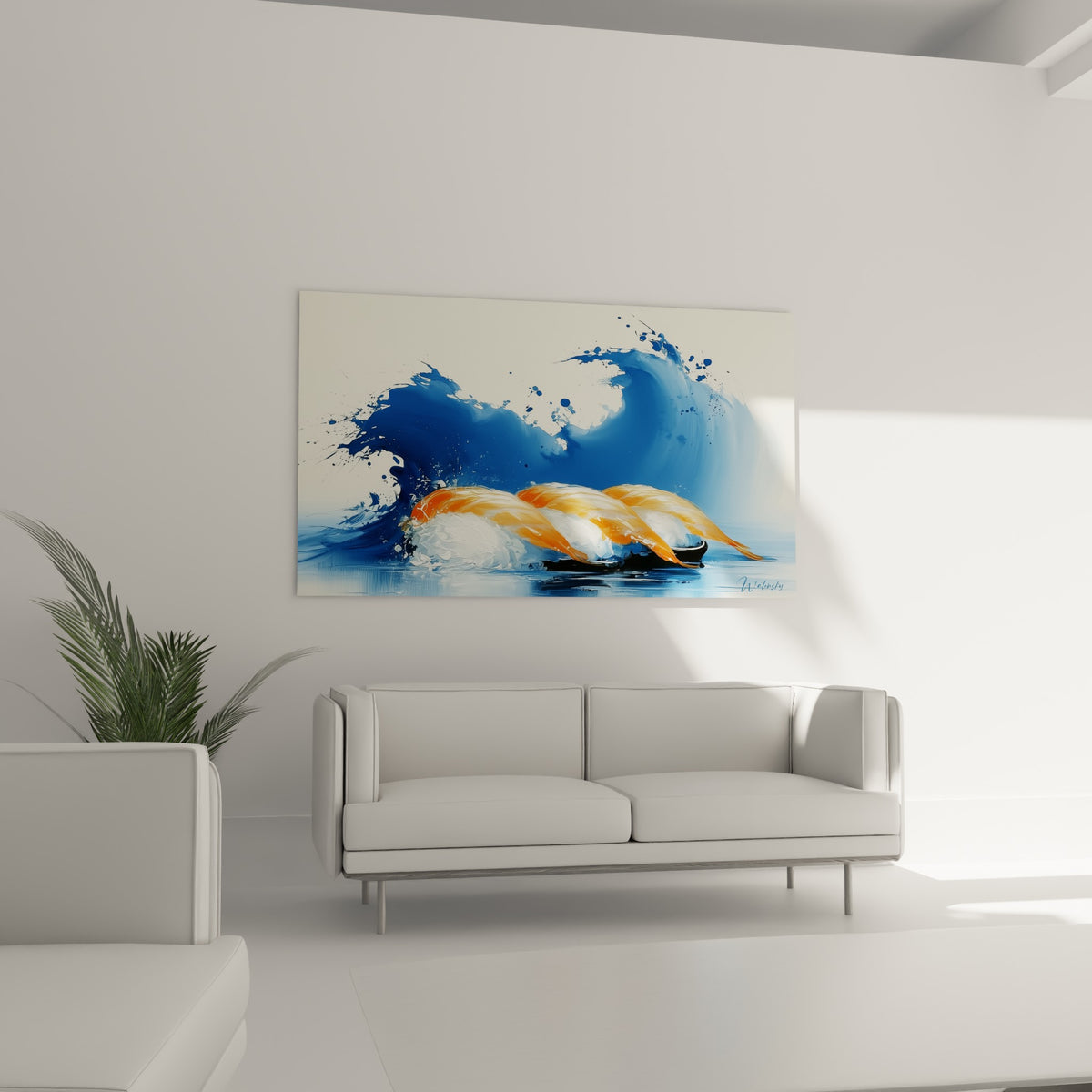 Poisson saumon et écume bleu marine peints au-dessus d'un canapé dans un salon lumineux