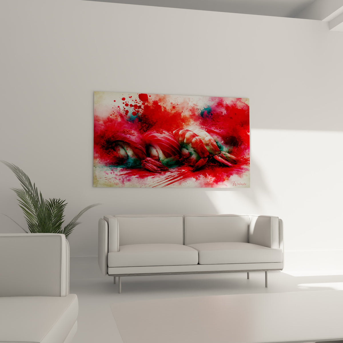 Nigiris rouges et blancs en aquarelle éclaboussée, accrochés au-dessus d'un canapé dans un salon lumineux