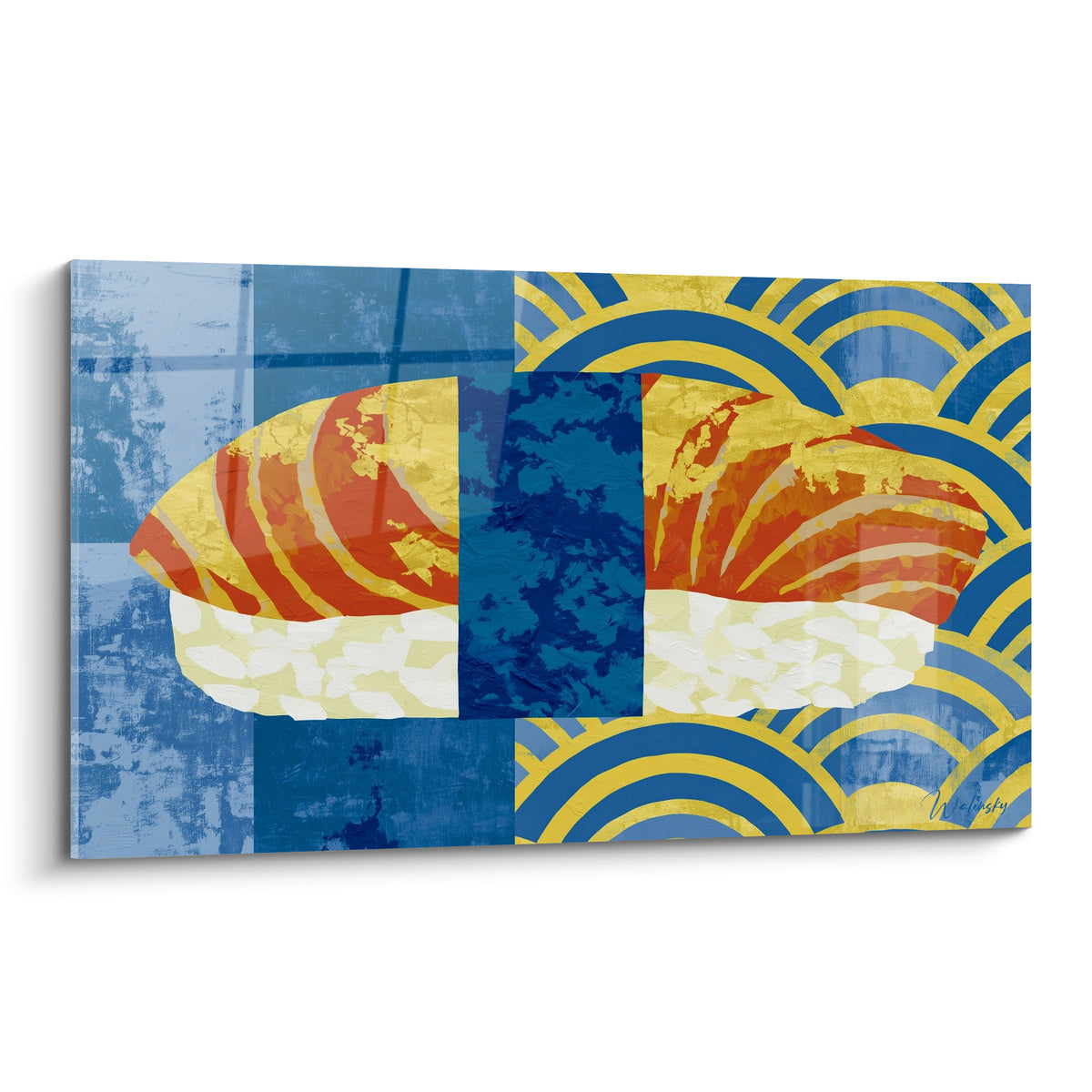 Nigiri saumon orange et doré sur fond bleu marine à motifs de vagues japonaises stylisées