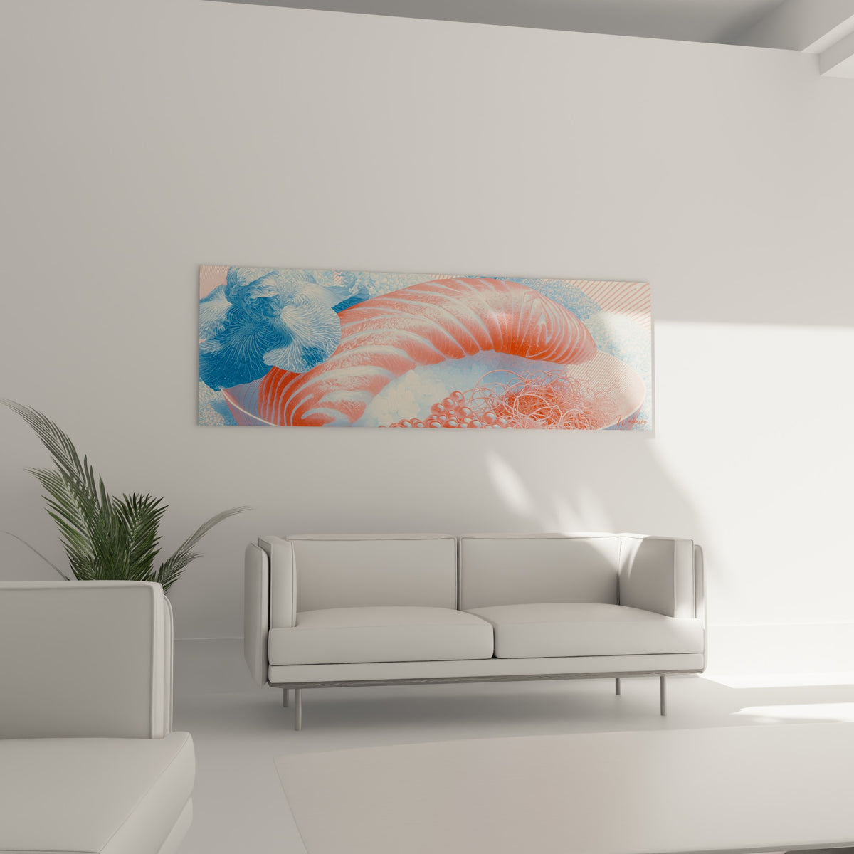 Œufs de poisson orangés et sashimi rosé côtoient un iris bleu pastel, au-dessus d'un canapé dans un salon lumineux