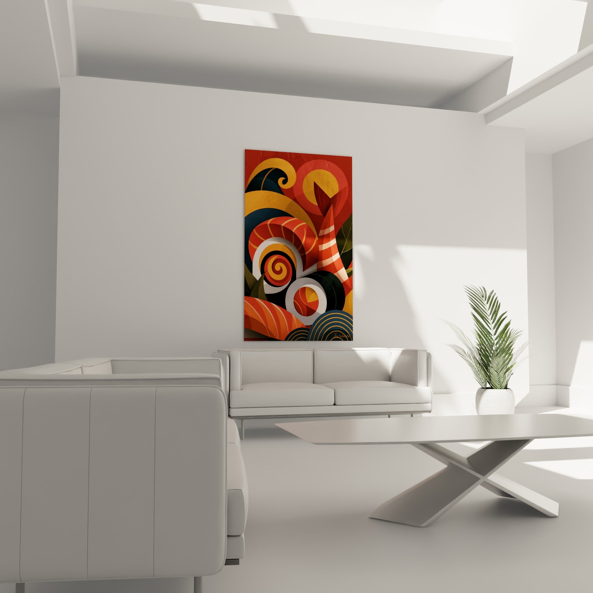 Motifs sushi en spirale bleu marine et orange accrochés au-dessus d'un canapé dans un salon lumineux