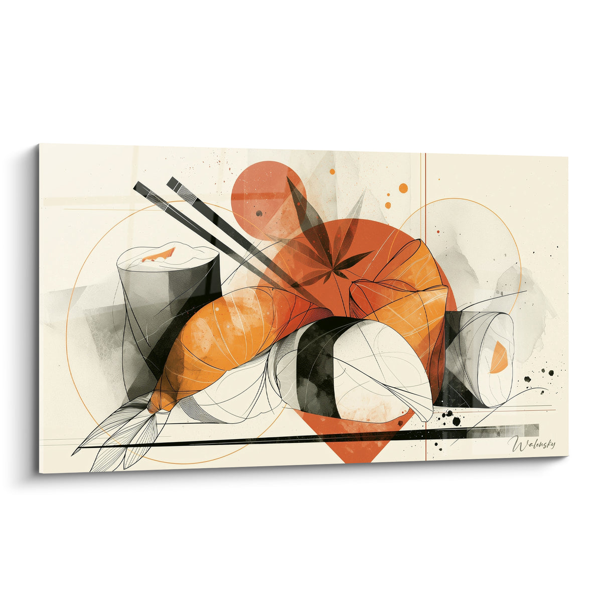 Sushis dessinés en noir et orange avec baguettes croisées sur fond crème épuré