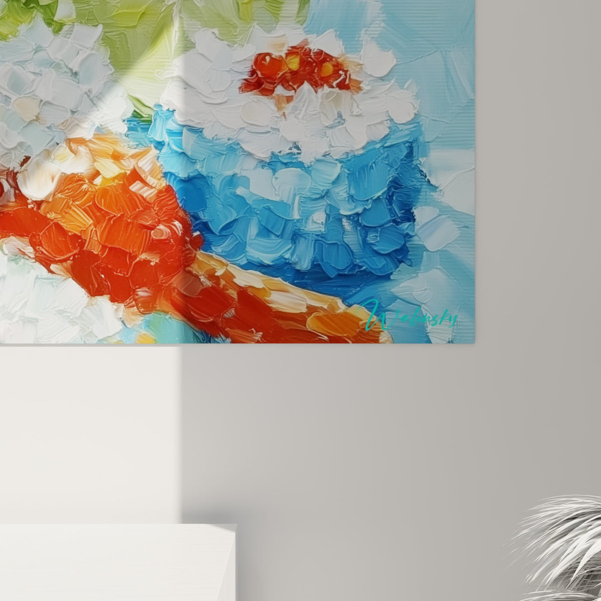 Empâtements épais bleu turquoise et orange vif visibles en relief sur la toile accrochée