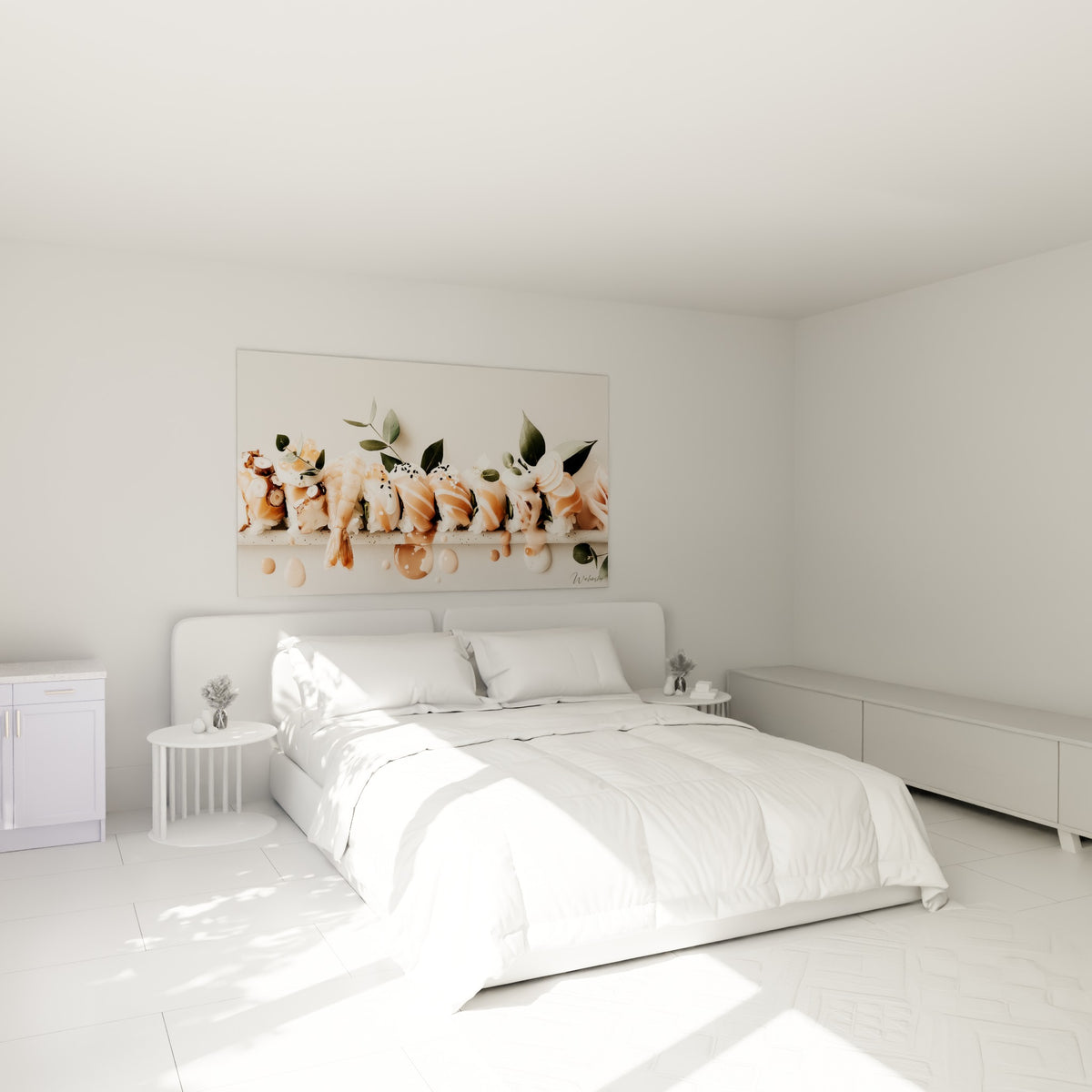 Composition de sushis roses et blancs avec eucalyptus vert, au-dessus d'un lit dans une chambre claire