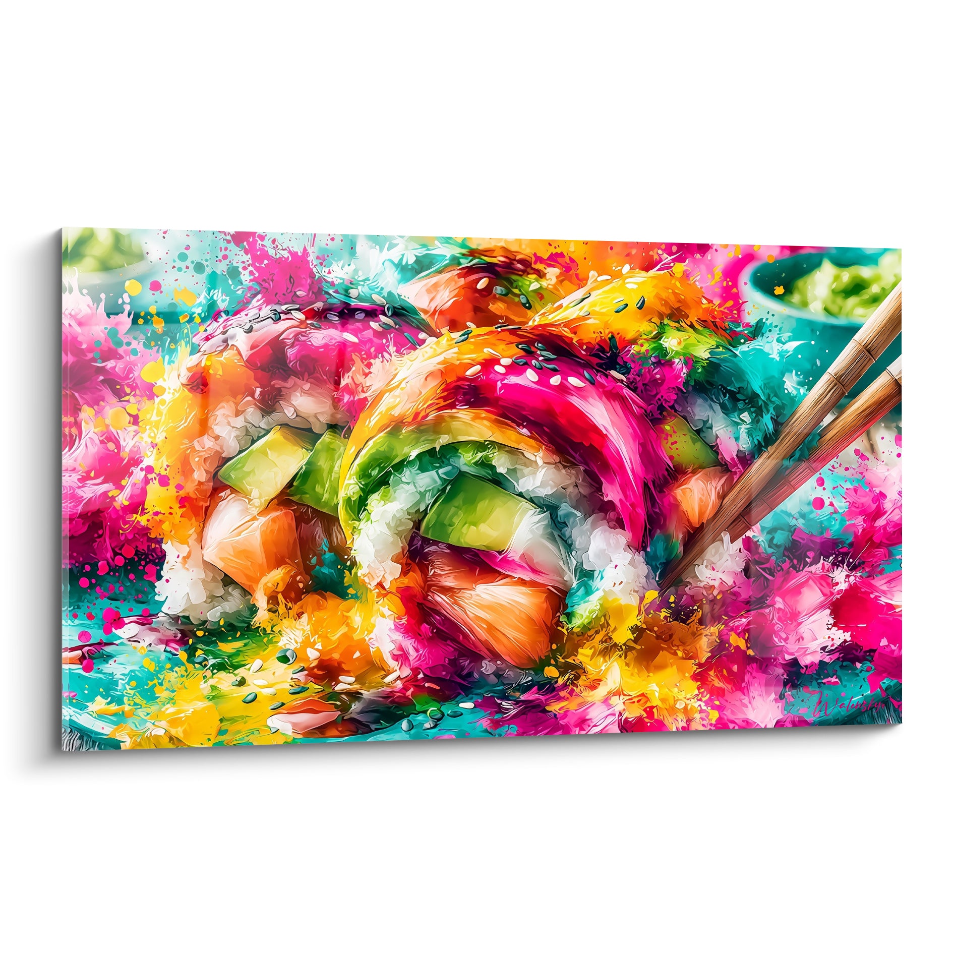 Rouleau de sushi éclaboussé de rose fuchsia et vert avocat, baguettes en bambou en diagonale.