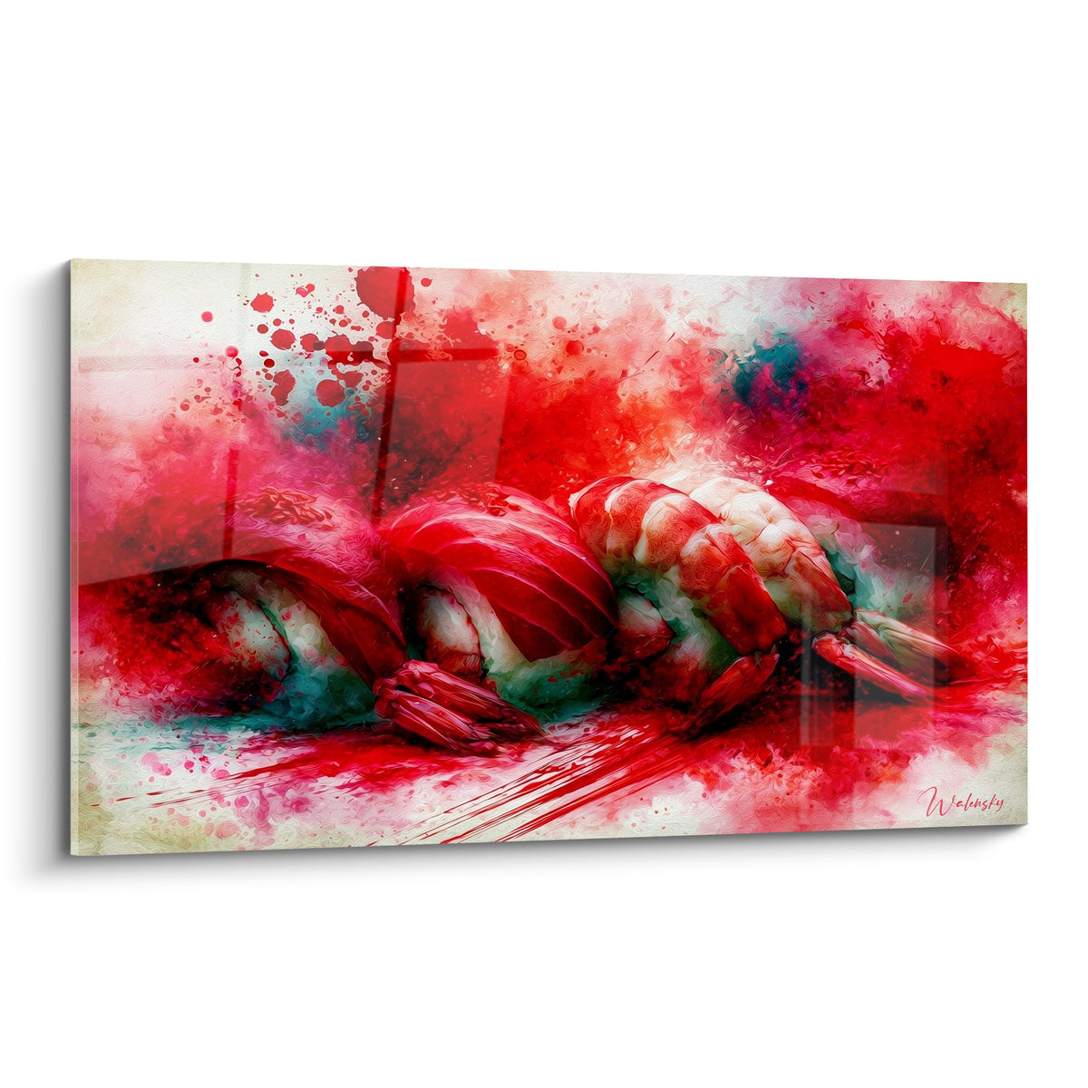 Sushi rouge vermillon et blanc éclaboussures d'aquarelle, composition abstraite intense et texturée