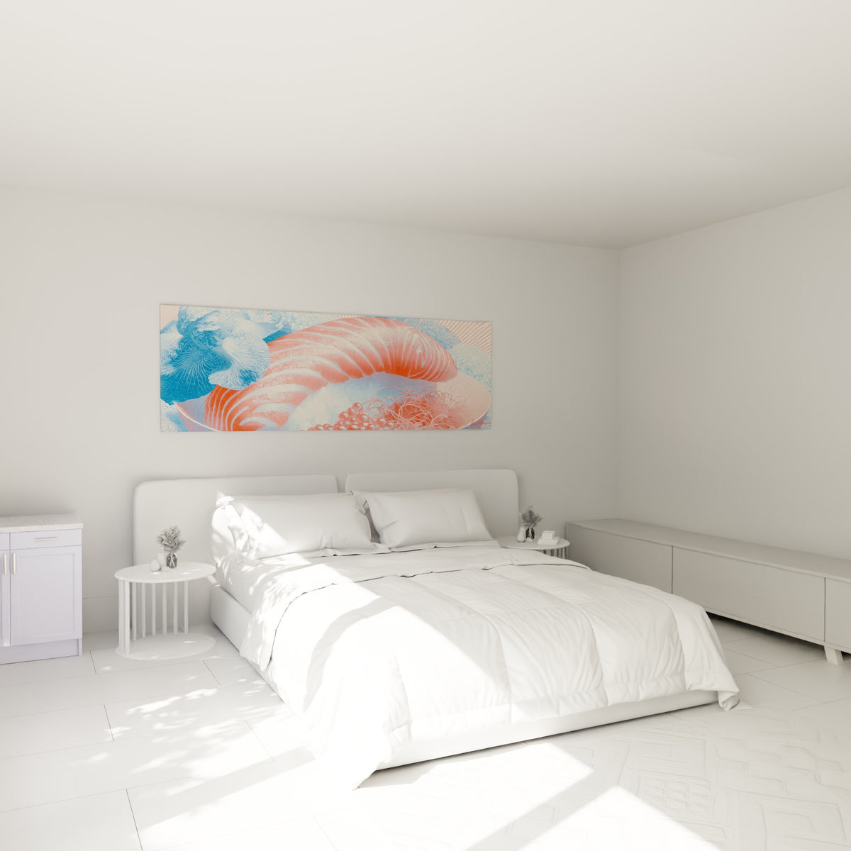 Saumon corail et fleur bleue en tranches fines, accroché au-dessus d'un lit dans une chambre claire