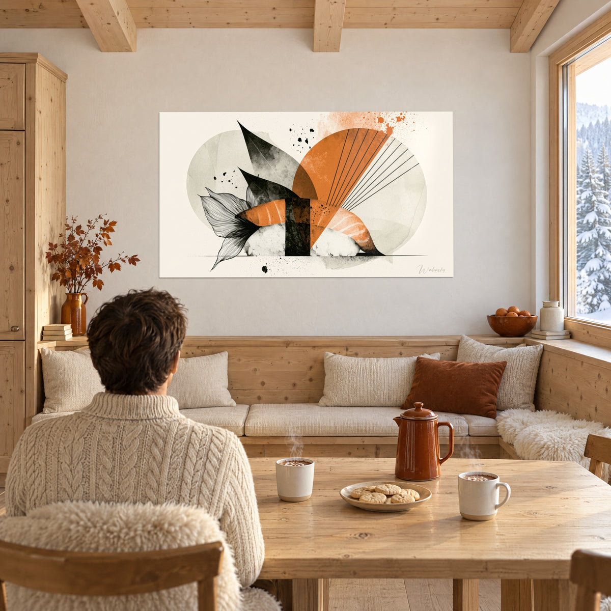 Tableau nigiri orange et noir, éclaboussures d'encre, grands cercles beiges, homme de dos devant une table en bois, chalet enneigé