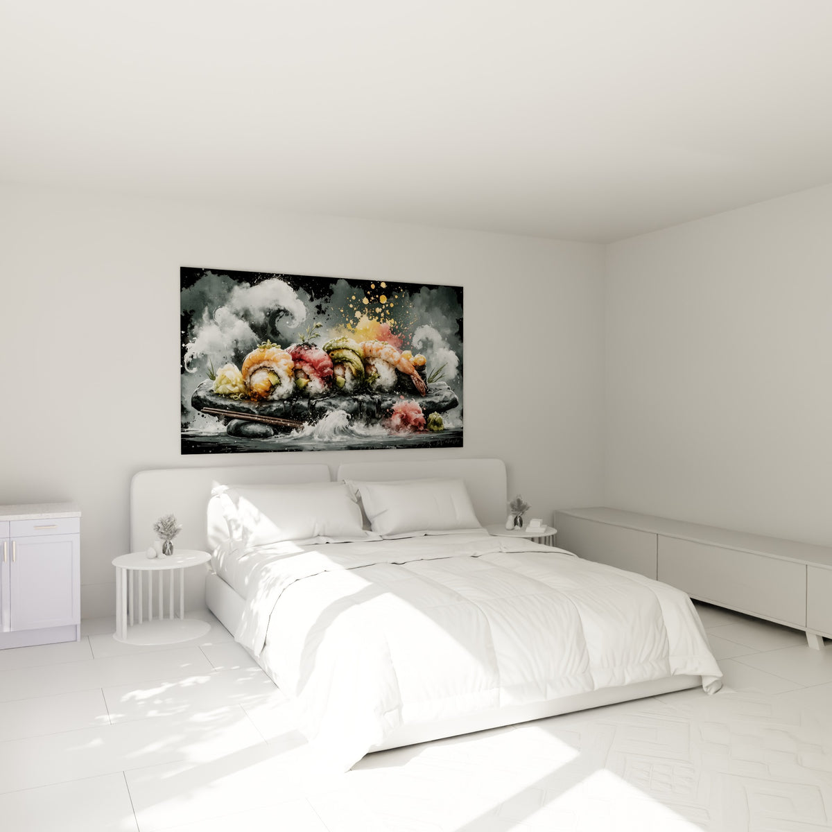 Sushis colorés saumon rose et vert avocat accrochés au-dessus d'un lit dans une chambre claire
