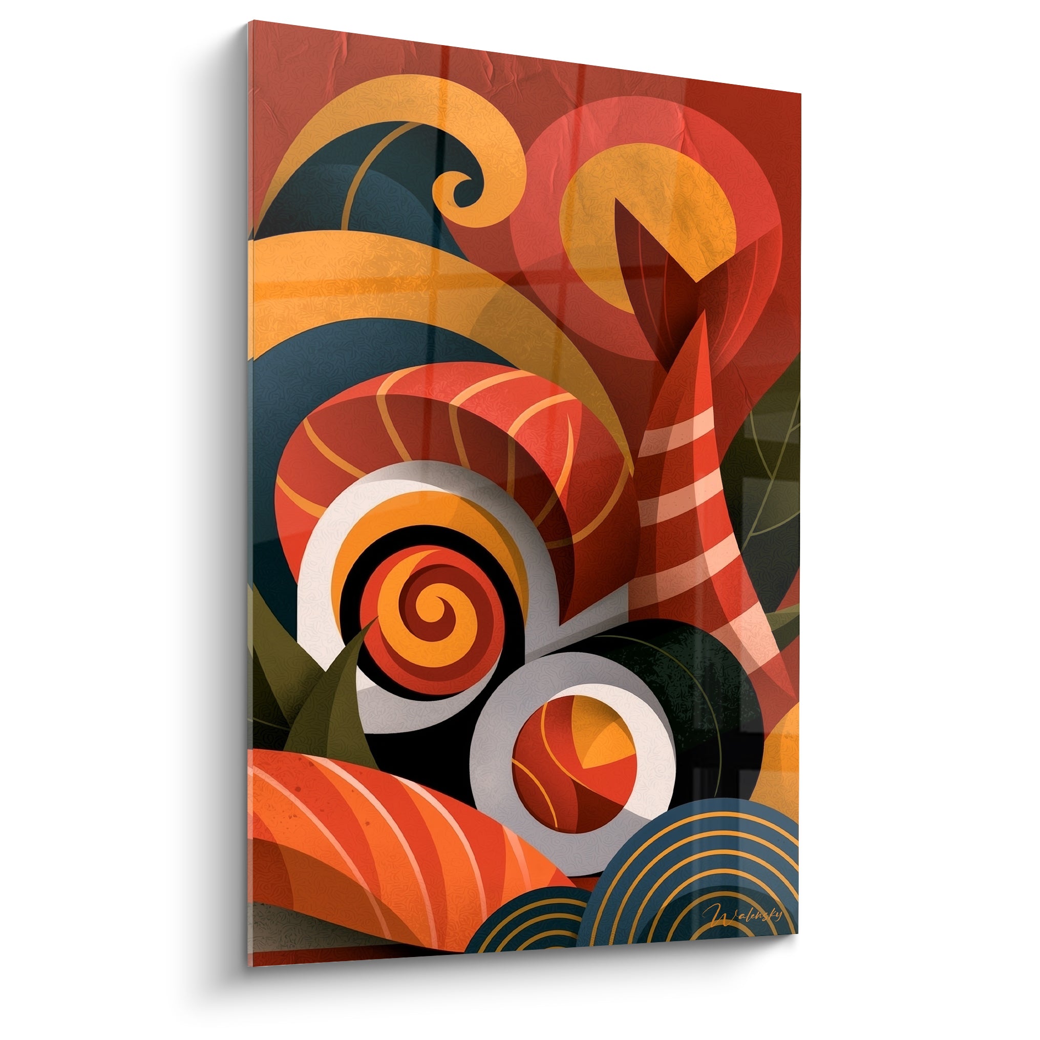 Sushis stylisés en spirales rouge, orange et bleu marine sur fond graphique intense
