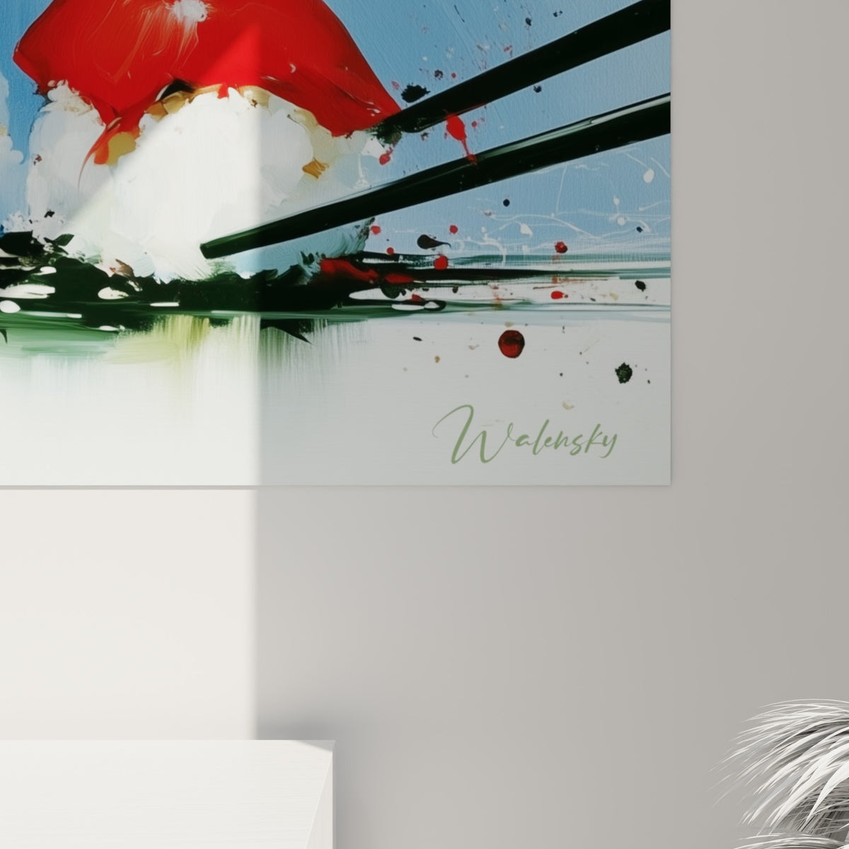 Empâtements rouges et coulures bleu marine visibles en gros plan sur la toile accrochée