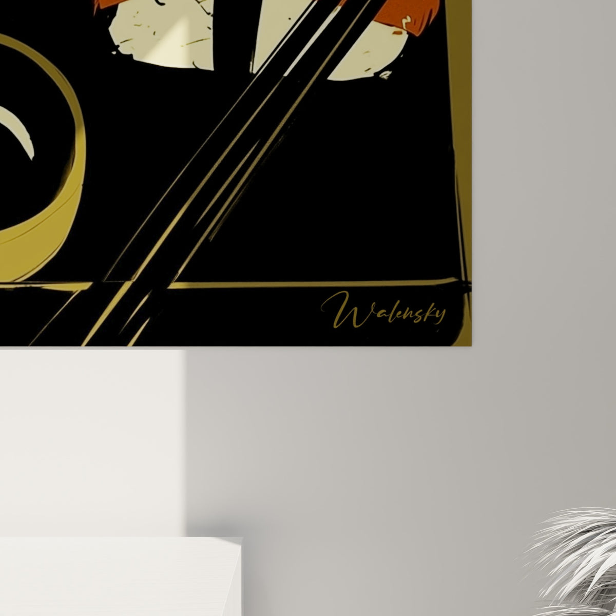 Empâtements noirs et touches orangées du saumon révèlent la matière picturale de ce tableau ocre en gros plan