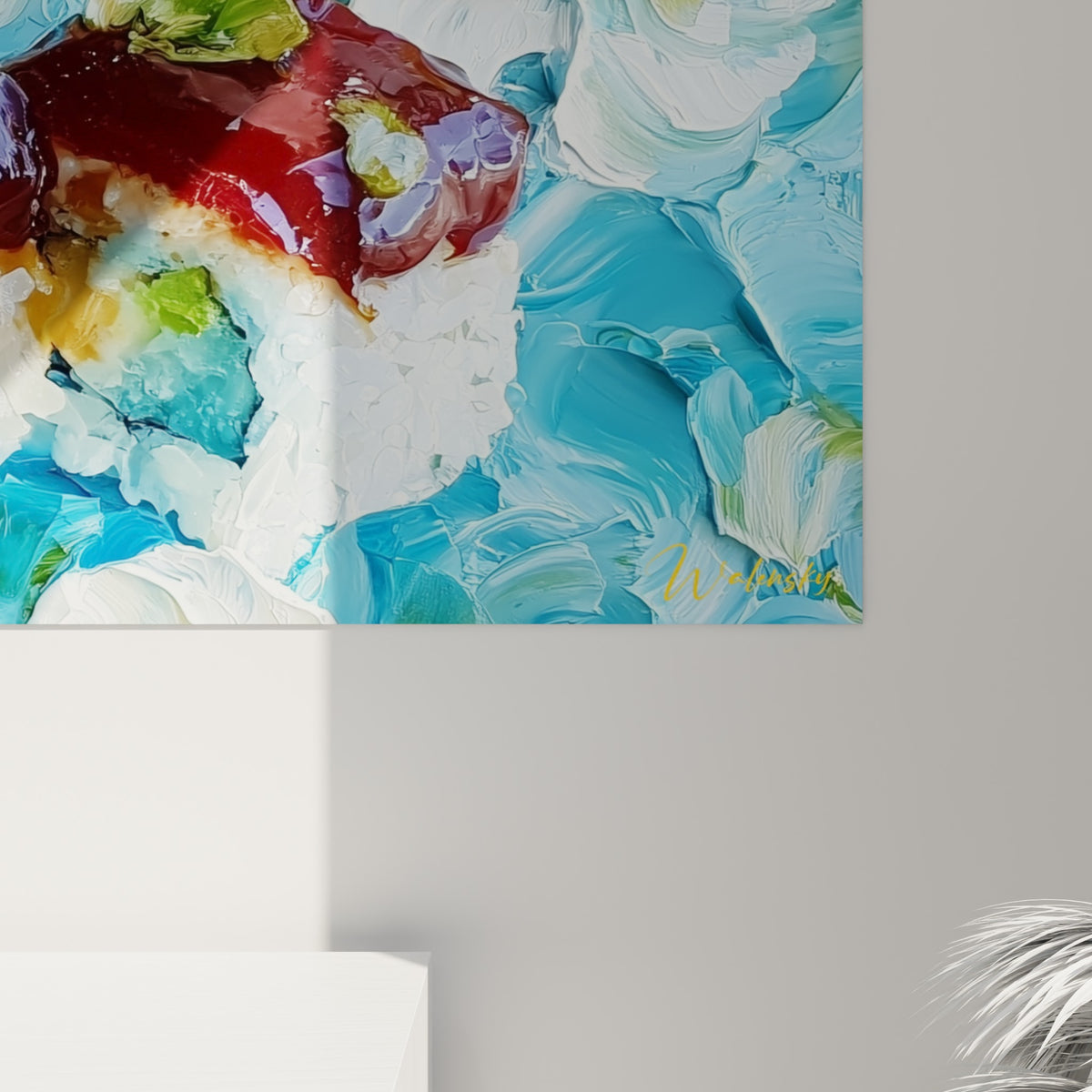 Empâtements de peinture rouge et bleu pastel révélant la matière épaisse du riz sculpté