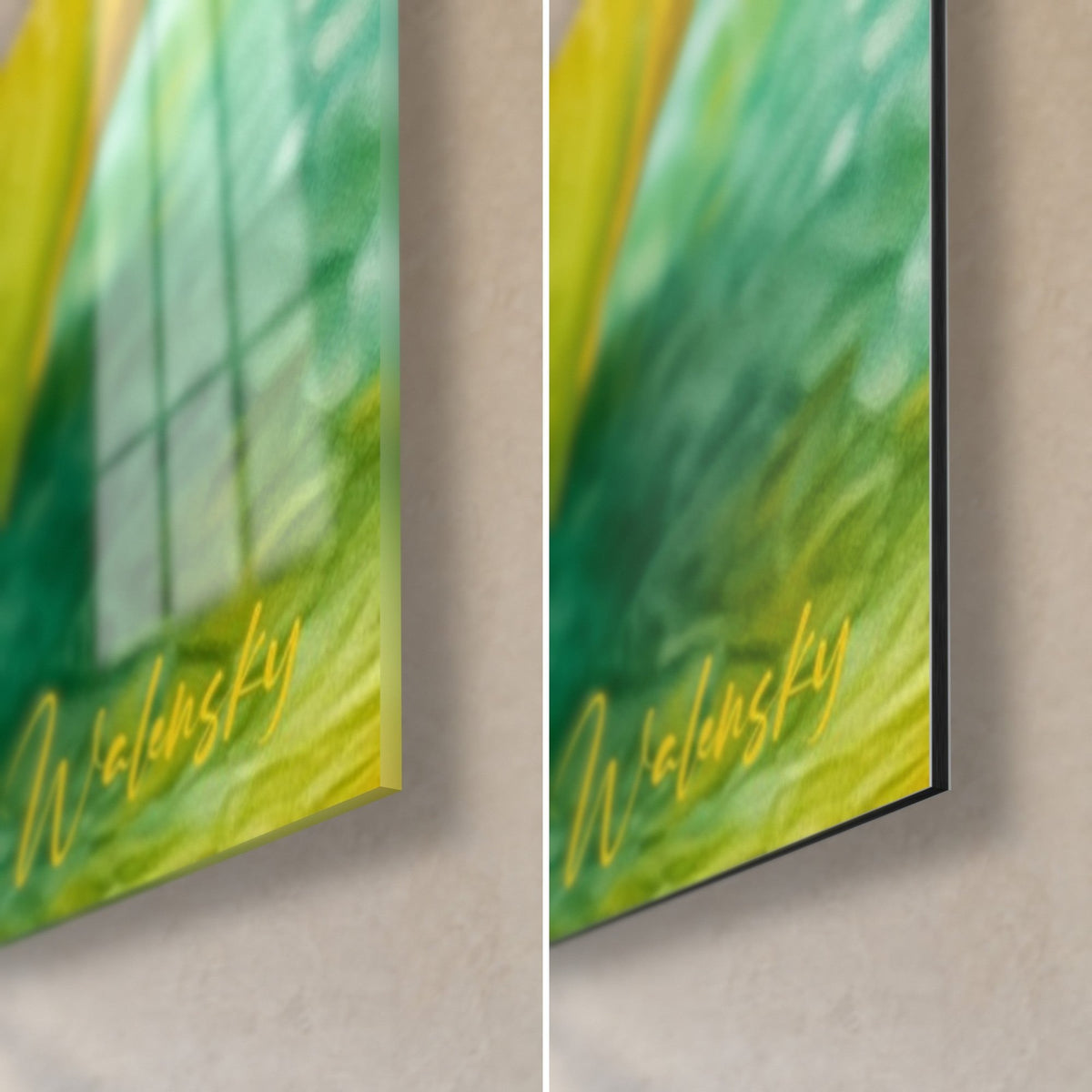Tableau sushi vert et jaune, coin bas droit : verre acrylique brillant à gauche, Dibond noir mat à droite, signature Walensky dorée