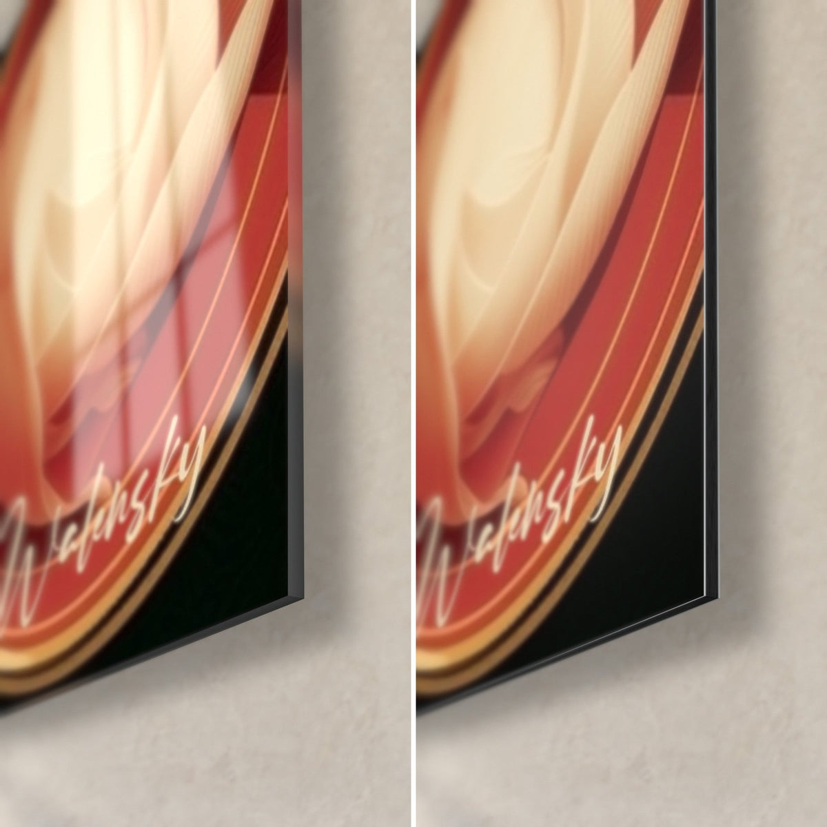 Wall art nigiri platter, bottom right corner: cream pink on copper red, golden signature, glossy glass and matte Dibond