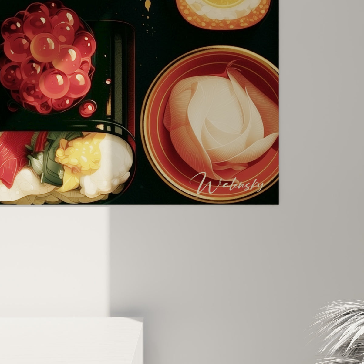 Détail des textures du riz nacré et des reflets dorés sur la chair rouge des sushis illustrés