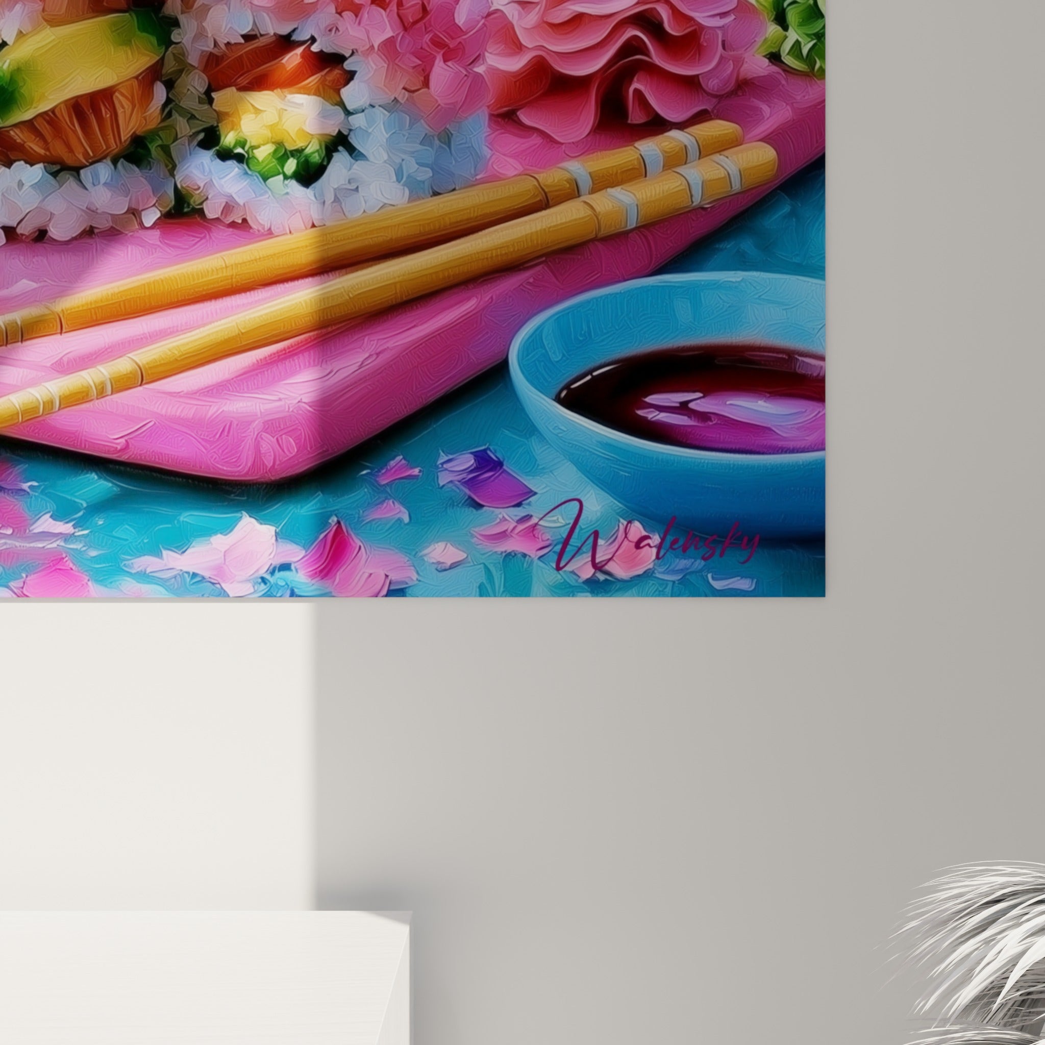 Empâtements roses et turquoise détaillant le riz, les pétales et les coulures de peinture épaisse