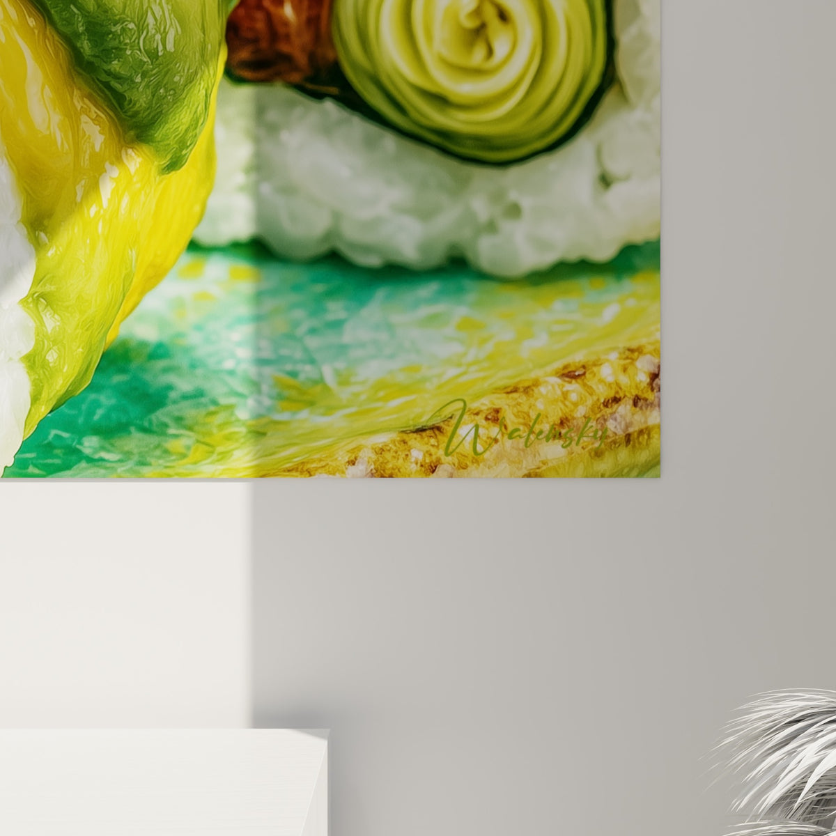 Empâtements du wasabi doré et grain du riz blanc visibles de près, coulures vertes et orangées sur la toile