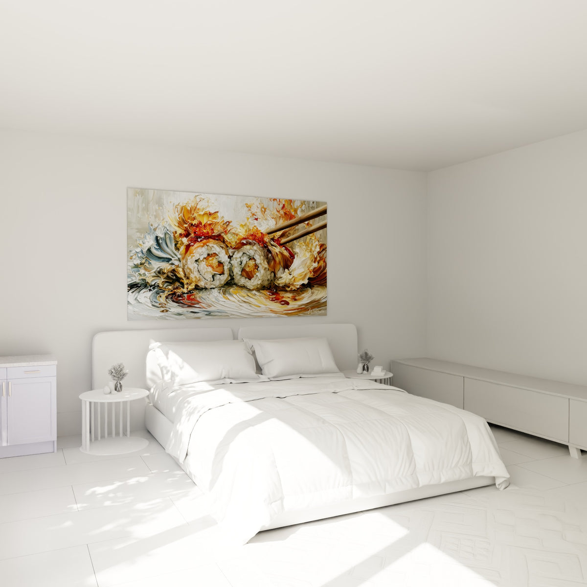 Makis ambrés et tobiko rouge peints en relief, accrochés au-dessus d'un lit dans une chambre claire