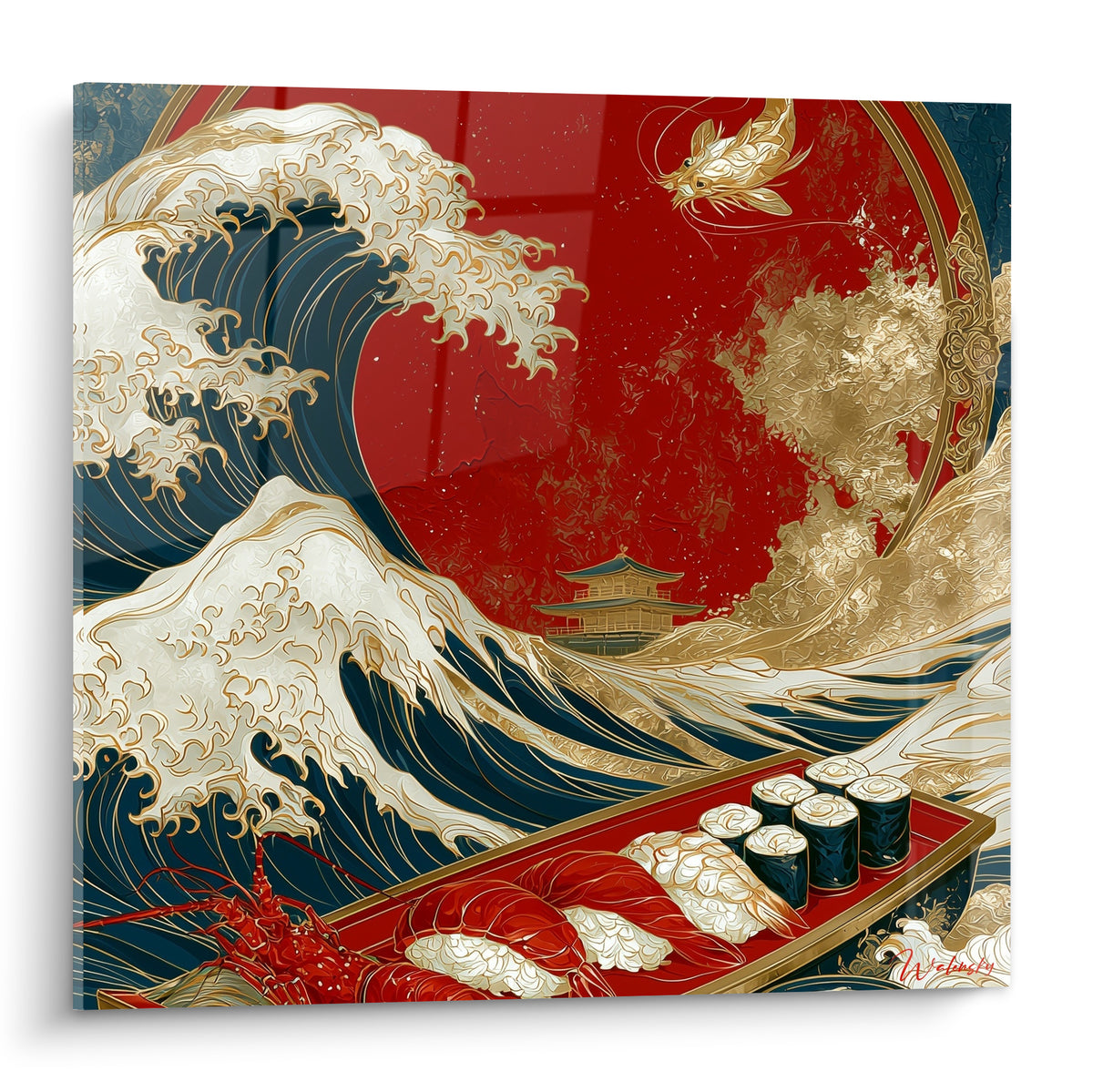 Vague japonaise bleu marine et dorée surplombant un plateau de sushi rouge et blanc