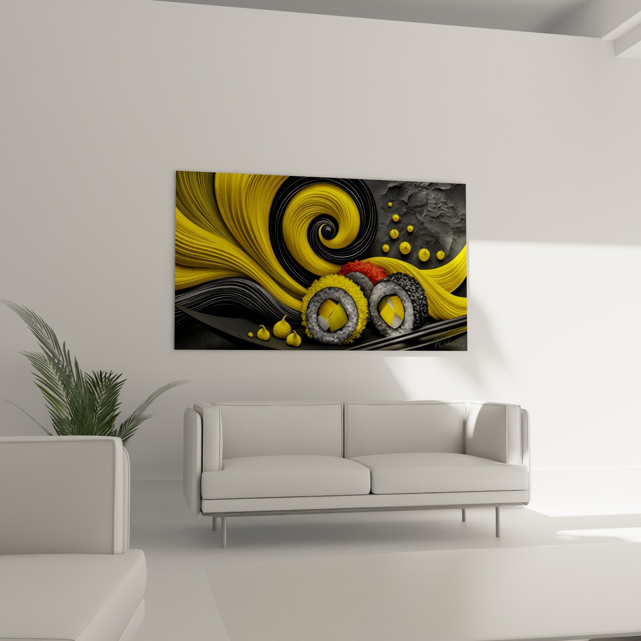 Tourbillon doré et anthracite autour de makis épicés, disposé au-dessus d'un canapé dans un salon lumineux