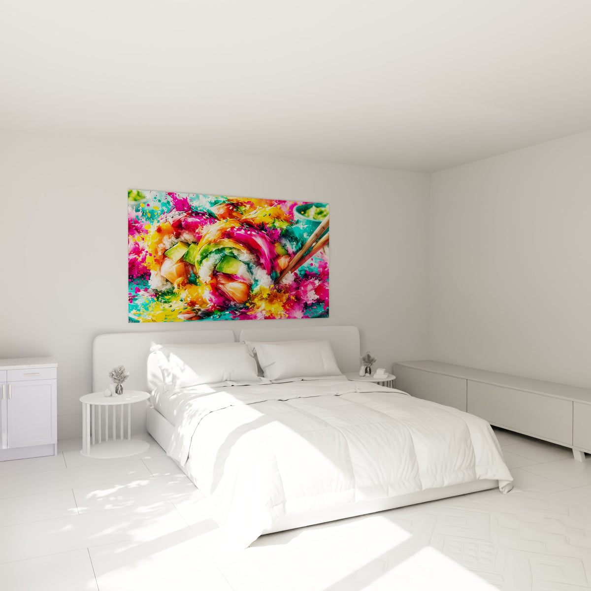 Sushi coloré aux tons roses et turquoise, accroché au-dessus d'un lit dans une chambre claire.