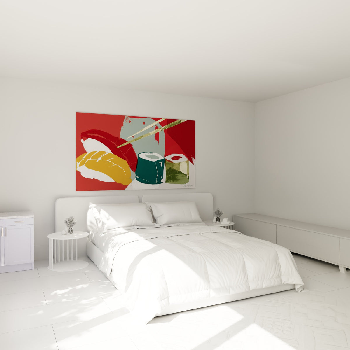 Plateau de sushis rouge et vert olive suspendu au-dessus d'un lit dans une chambre claire