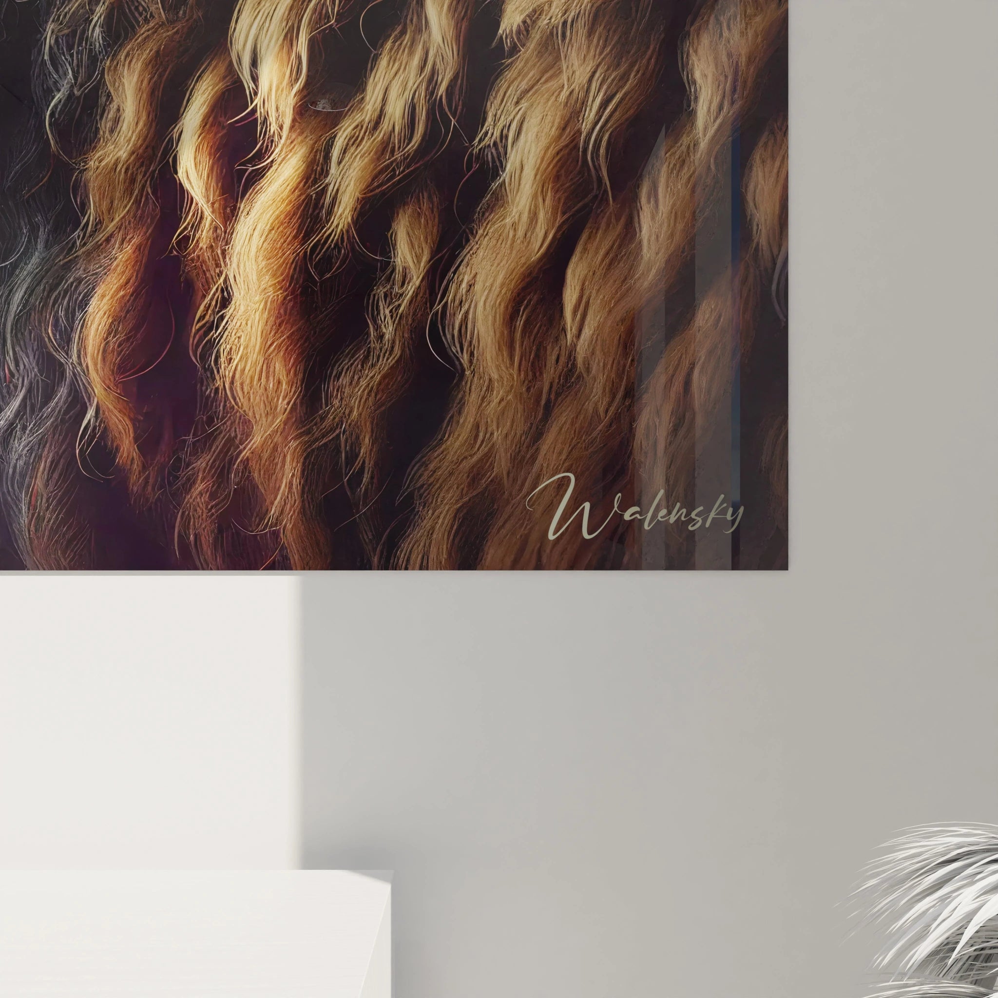 vue rapprochee de ce tableau bison revelant la finesse des textures et les details du pelage, ideal pour apporter une presence imposante et calme dans un interieur moderne