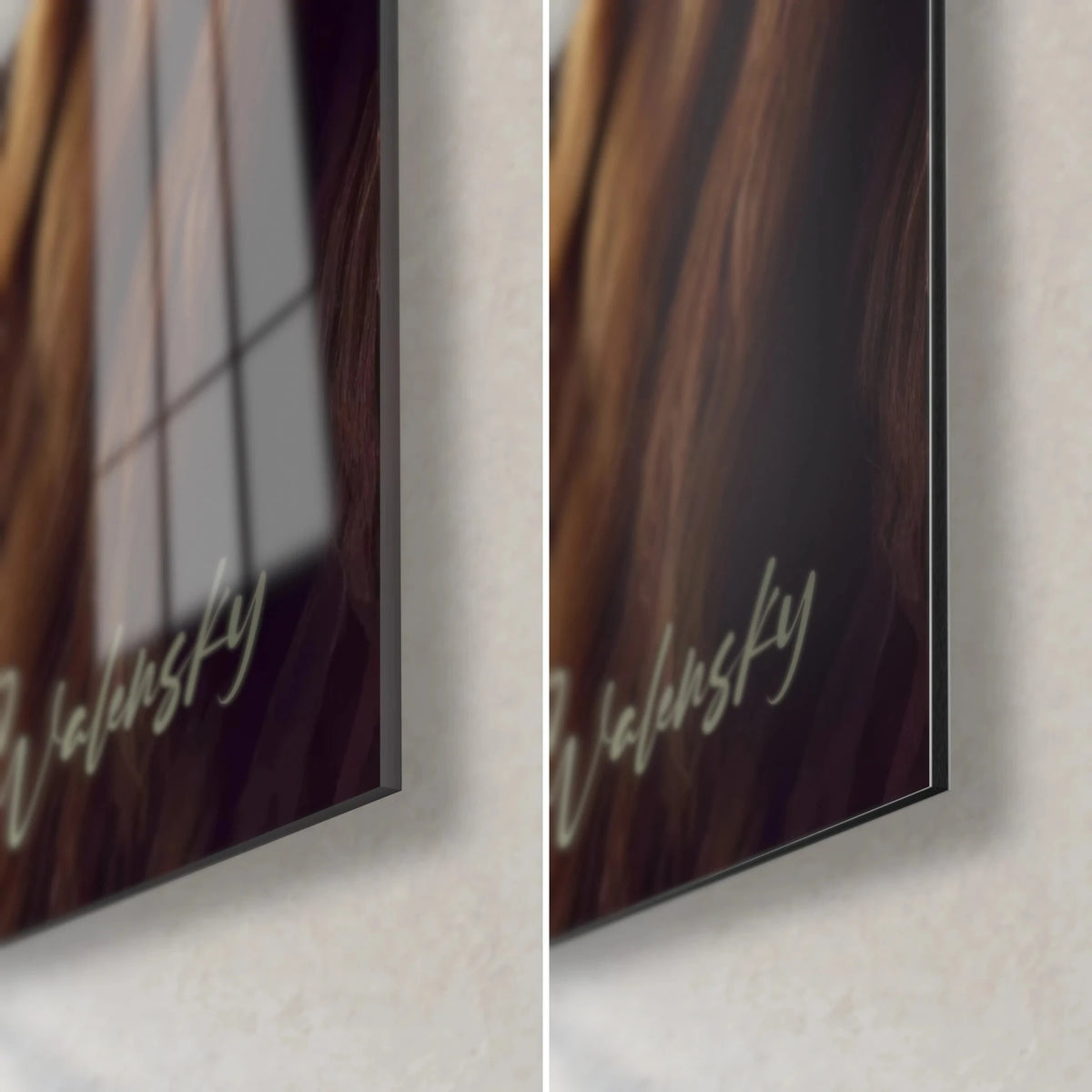 Tableau bison de profil, coin bas droit en verre brillant et alu Dibond mat, tranche de 3 mm, signature Walensky dorée